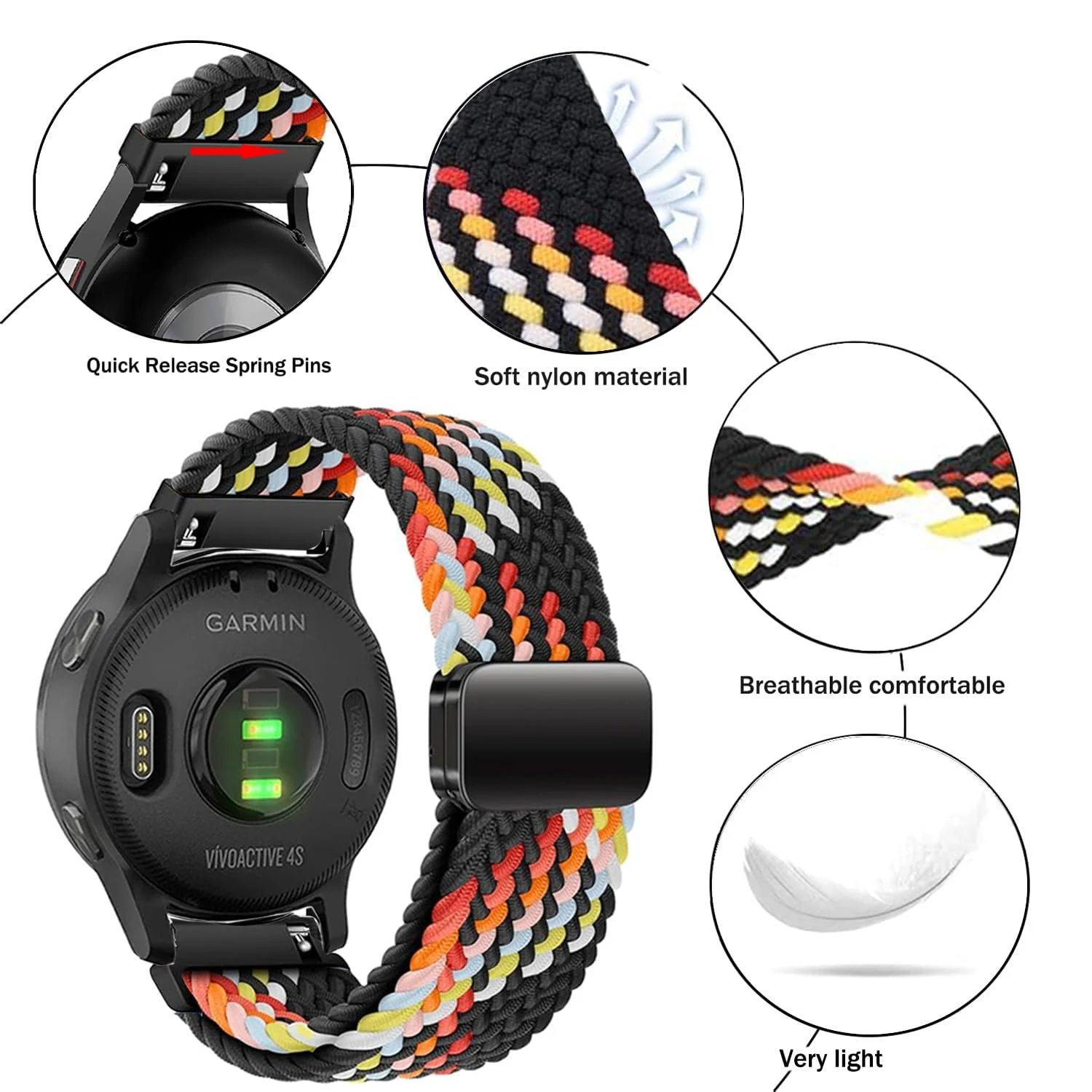 DL3 Mobilak 22mm Magnetic Band for Redmi Watch 5 Active/5 Lite/Samsung Galaxy Watch 3 45mm/Watch 46mm/Gear S3/Huawei watch GT6 GT5 46MM/GT2E/GT6 Pro/GT 5 Pro/Amazfit GTR 4/3, Stretchy Braided Nylon Sport Strap - Black Rainbow