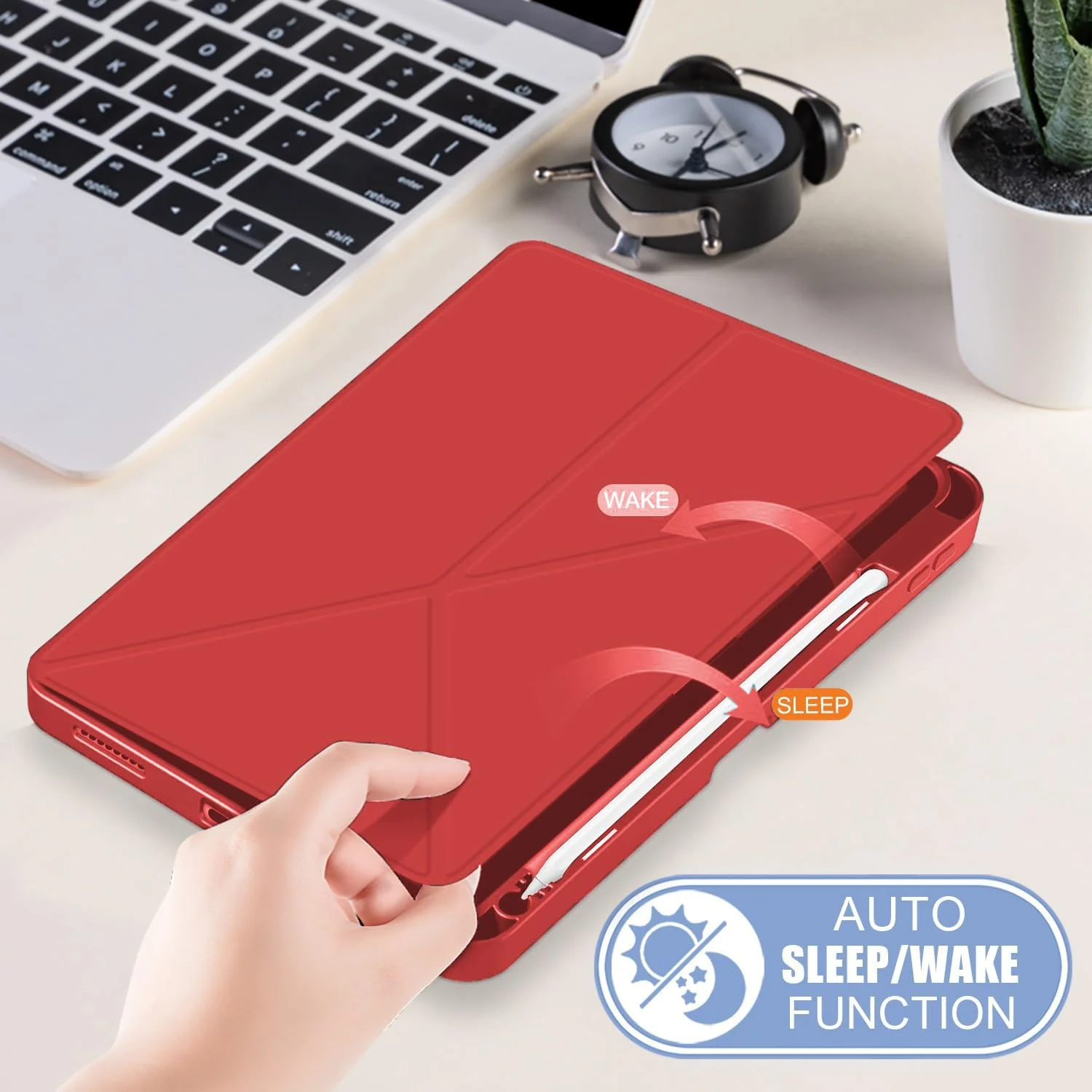 DL3 Mobilak Compatible with iPad Air 5/4 (2022/2020 5th/4th Generation 10.9-Inch) Case, Smart Stand, Pencil Holder, Shockproof Slim Lightweight Leather Cover, Modern Abstract Design - Red