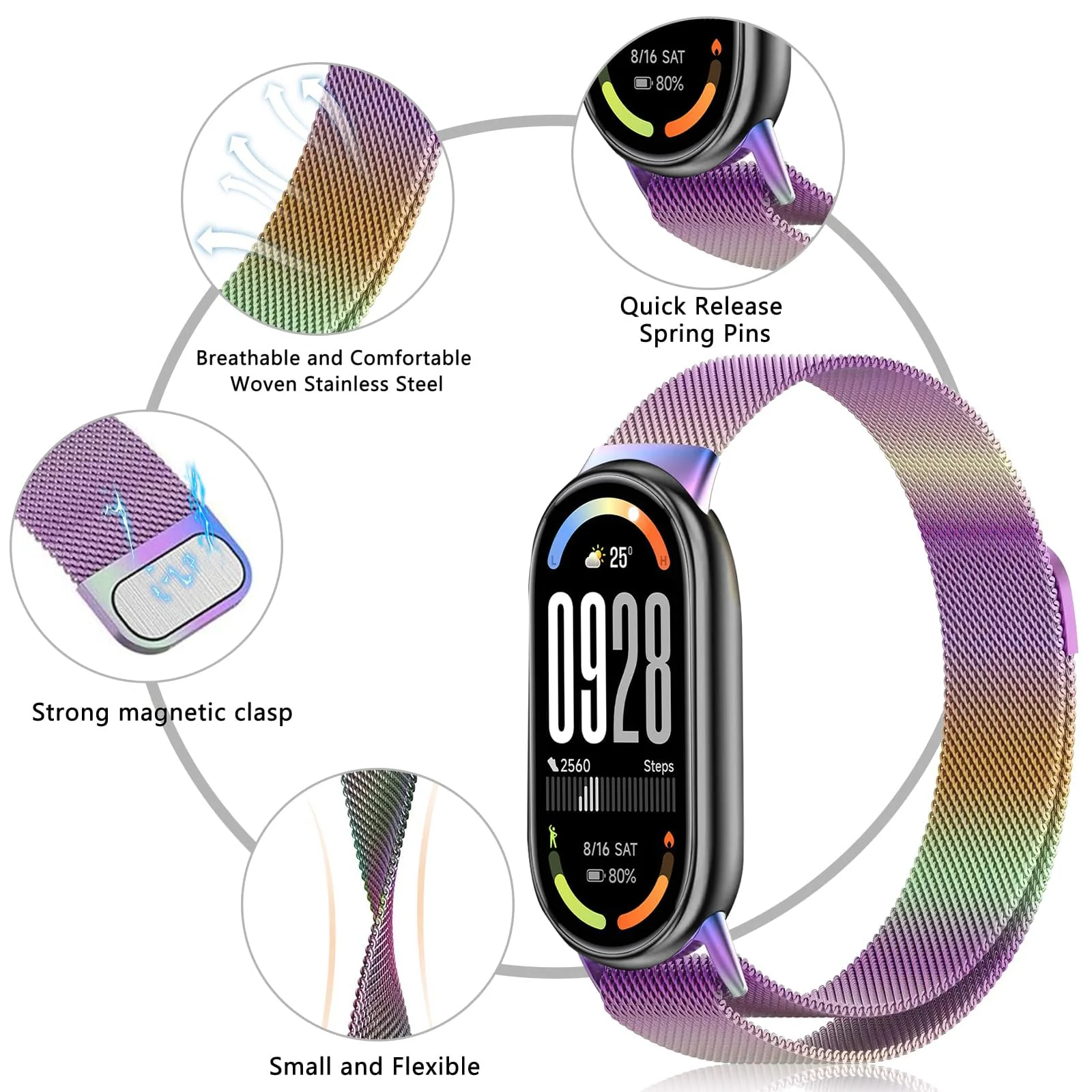 DL3 Mobilak Bracelet Compatible with Xiaomi Mi Band 10/9/8, Stainless Steel Replacement Straps, Mesh Metal Watch Strap, Magnetic Adjustable Replacement Strap For Xiaomi Smart Band 8/9/10 (Colourful)