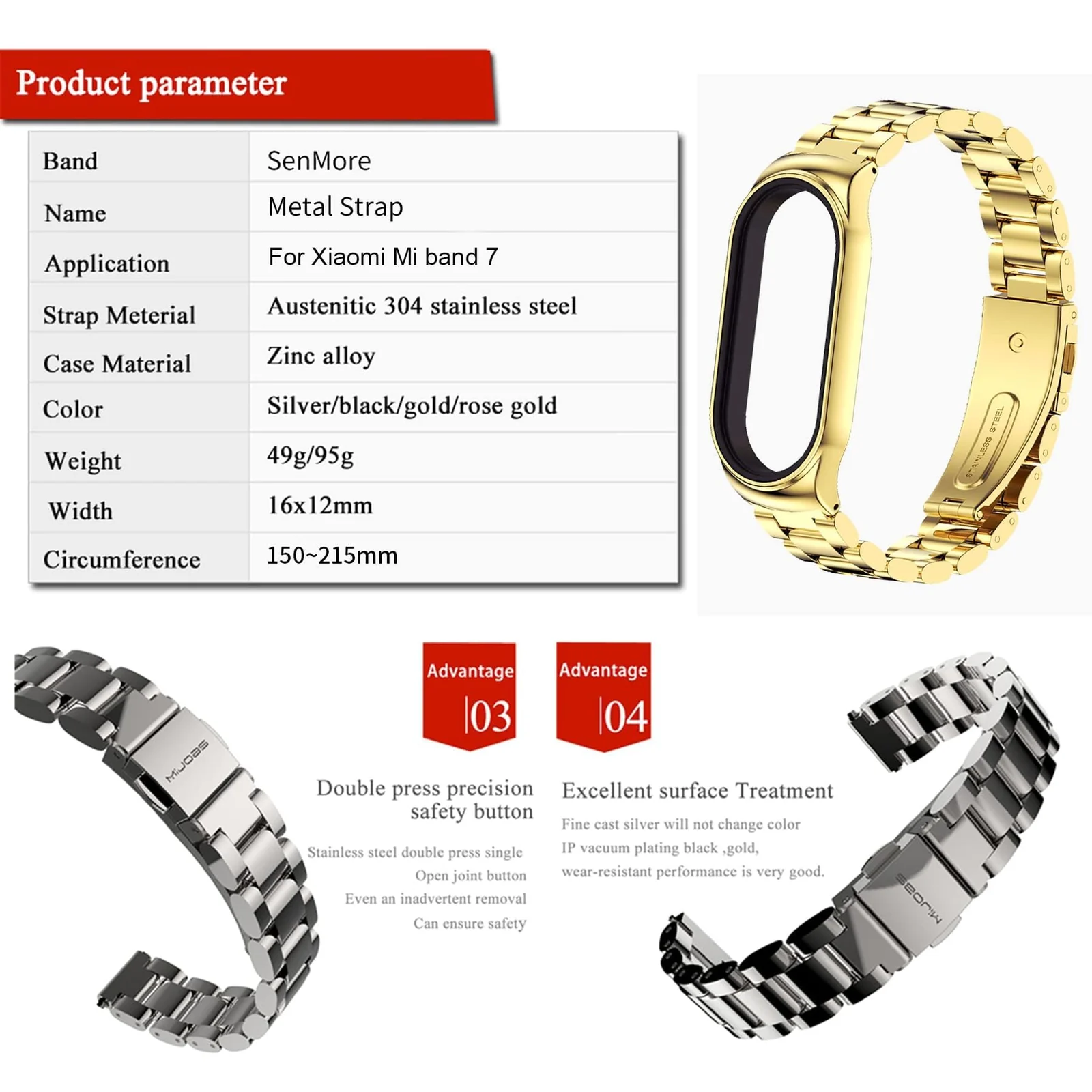DL3 Mobilak Compatible For Xiaomi Mi Band 7 Strap, Metal Bracelet MiBand 7 Waterproof Stainless Steel Wrist Strap Accessory Band Strap for Xiaomi Mi Smart Band 7 - Gold