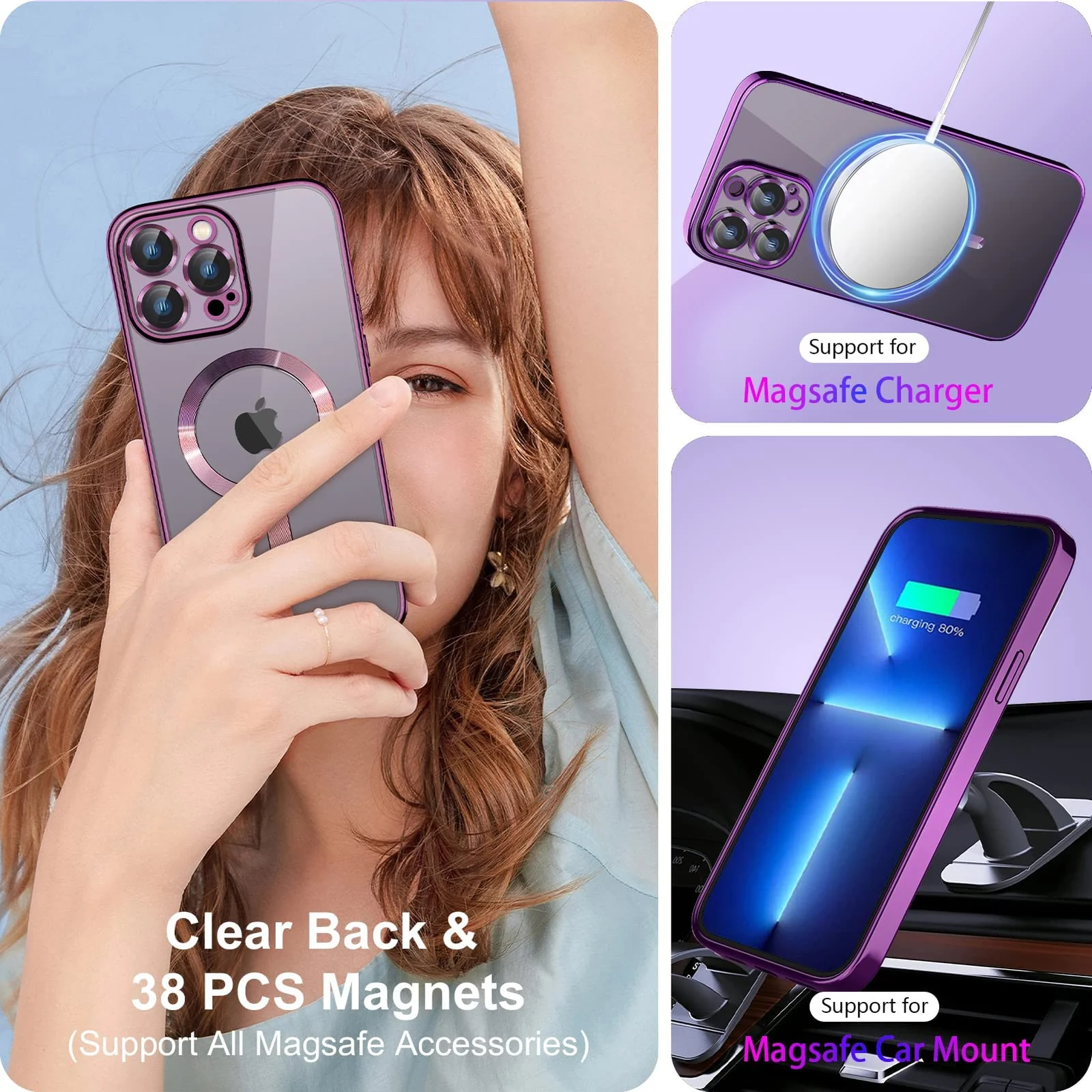 DL3 Mobilak Clear MagSafe-Compatible TPU Case and Camera Lens Protector for iPhone 13 Pro Max - Deep Purple