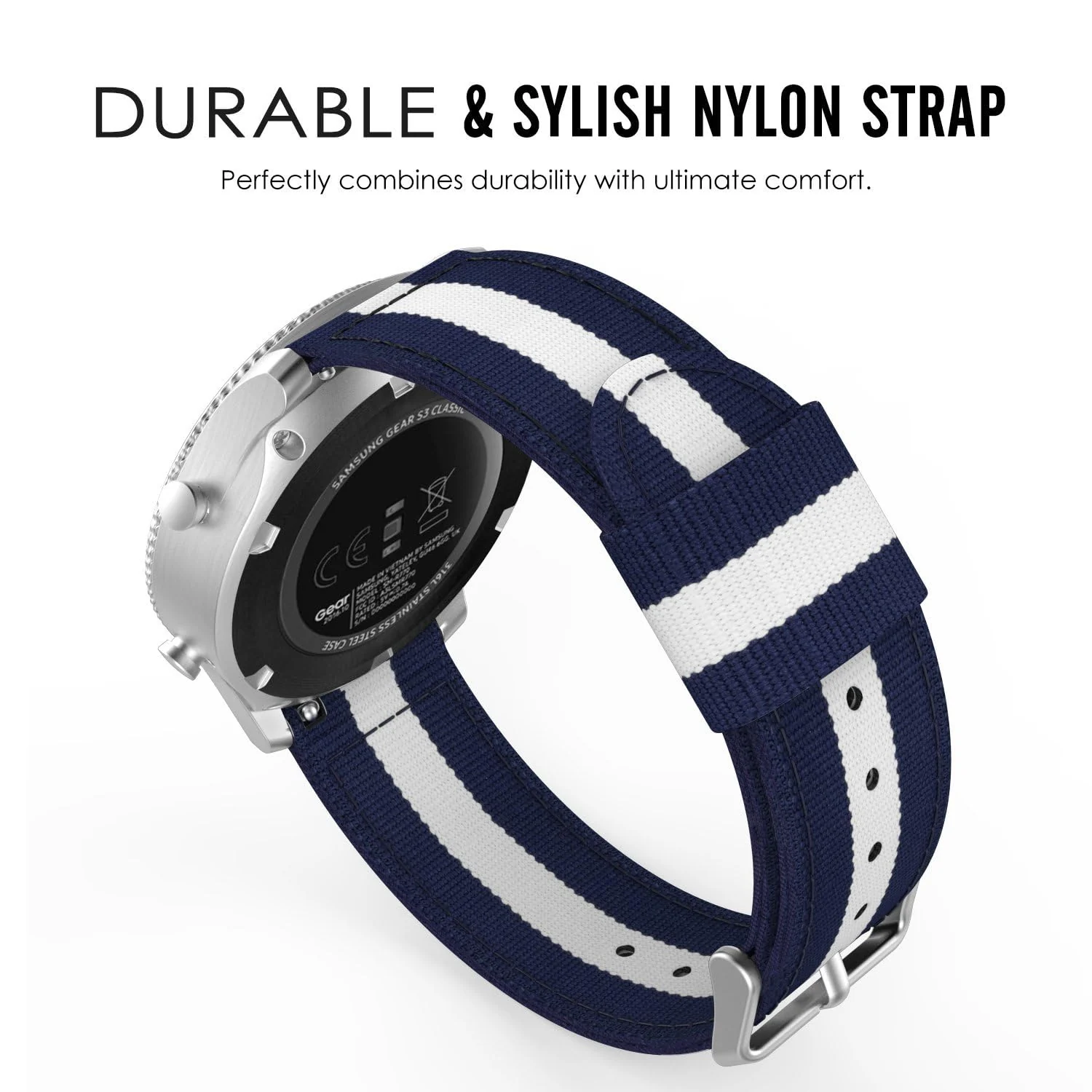 DL3 Mobilak Nylon Canvas Band 20MM Strap For Samsung Gear Sport/Watch 4/Watch 5/Watch 5 Pro/S2 classic/active 2 40mm 44mm/Amazfit GTS 3/4/4 Mini/Bip 3/Pro/GTS 2 mini/GTS 2e/Bip U - Blue White