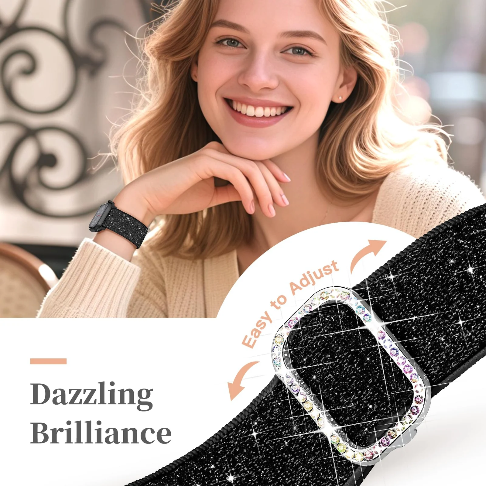 DL3 Mobilak Stretchy Bling Band For Apple Watch 49mm 46mm 45mm 44mm 42mm Women, Nylon Sparkly Strap Solo Loop Glitter Wristband for iWatch Series 11 10 9 8 7 6 5 4 SE3 SE2 SE Ultra 3 2 1 - Black