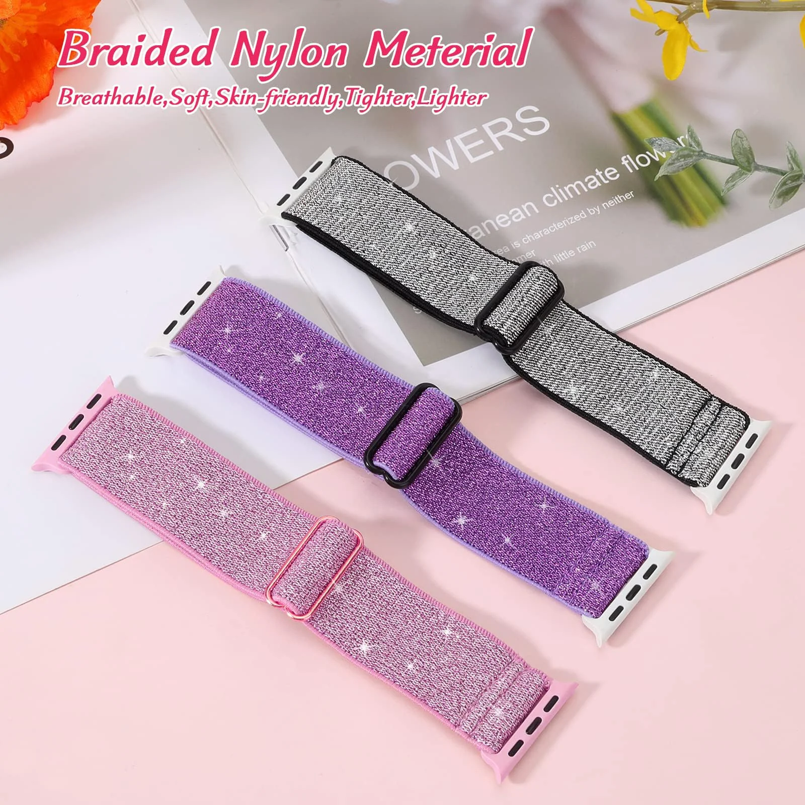 DL3 Mobilak Nylon Solo Loop Stretchy Straps For Apple Watch Band 49mm 45mm 44mm 42mm 41mm 40mm 38mm, Elastic Wristbands for Series 8 Ultra 7 6 5 4 3 2 1 Se (Rose, 42MM/44MM/45MM/49MM) - Rose Pink