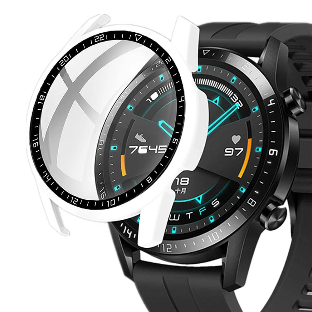 DL3 Mobilak Case Compatible with Huawei Watch GT2 46mm PC Cover with Bezel Tempered Glass Protection, Ultra Thin Full Protection for Huawei Watch GT 2 46 mm Protective Case - White