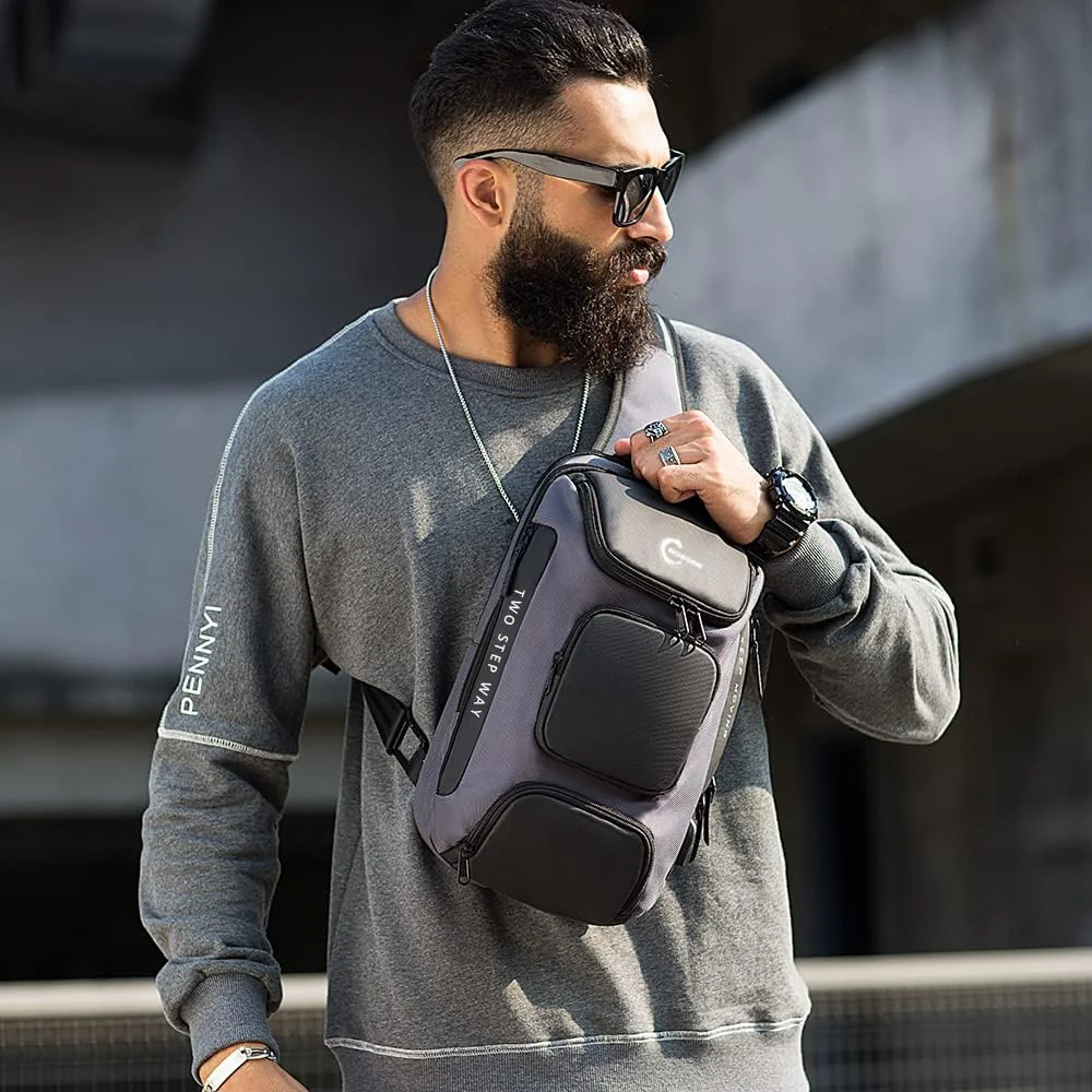 Mobigon Laptop Sling Backpack Anti Theft Bag, Hiking Daypack 13 Inch Fits iPad - Tablet 7 to 9.7 Inch Nylon Travel Bags for Men, Single Shoulder Camping Dayback with USB Charging Port - Gray