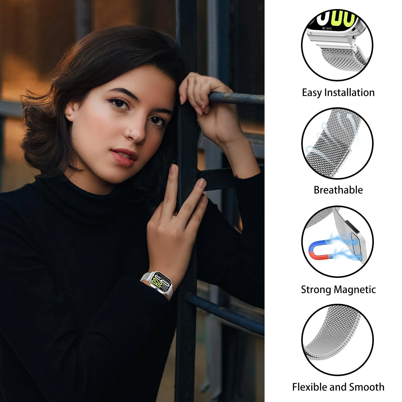 DL3 Mobilak Strap Compatible with Xiaomi Redmi Watch 4, Men and Women Adjustable Metal Stainless Steel Mesh Magnetic Breathable Replacement Wristband Watch Bands for Redmi Watch 4 - Silver