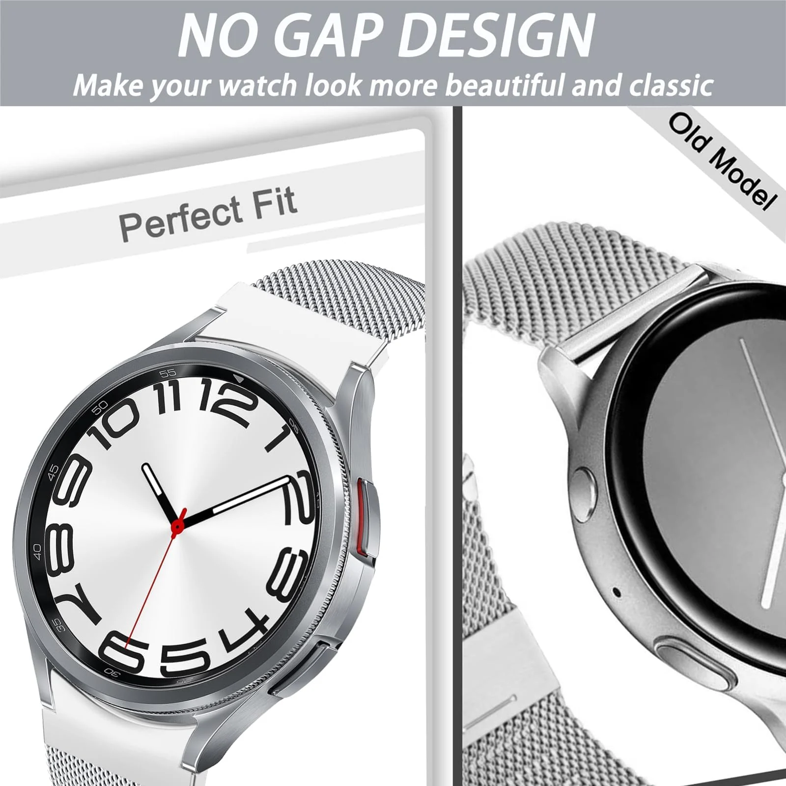 DL3 Mobilak No Gap Metal Band Compatible with Samsung Galaxy Watch 7 6 5 4 FE 40mm 44mm, Galaxy Watch 6 4 Classic 47mm 43mm 42mm 46mm/Watch 5 Pro 45mm, Stainless Steel Wristband Women Men - Silver