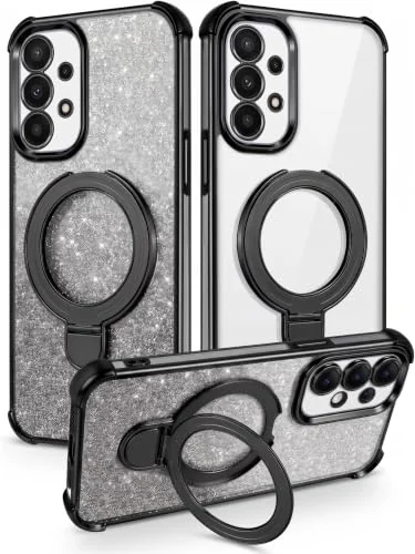 MOBIGON Glitter Phone Case with Magnetic Ring Stand for Samsung Galaxy A72, Black