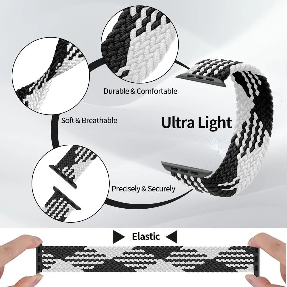 DL3 Mobilak Braided Solo Loop Band For Apple Watch Band 49mm 45mm 44mm 42mm, Replacement Wristband Nylon Strap for iWatch Series SE 9/8/7/6/5/4/3/2/1/Ultra/Ultra 2 (Small) - Black White