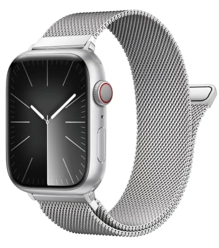 DL3 Mobilak Stainless Steel Magnetic Strap For Apple Watch Band 49mm 45mm 44mm 42mm 41mm 40mm 38mm, Milanese Loop Metal Wristband for iWatch Series 9 8 7 SE 6 5 4 (42mm/44mm/45mm/49mm) - Silver
