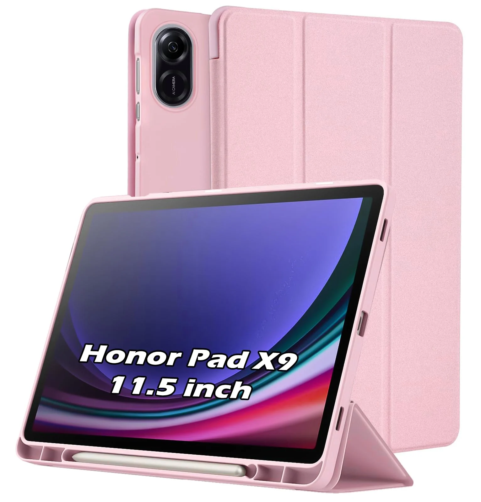 DL3 Mobilak Honor Pad X9 Case 11.5 inch 2023 Tablet Cover Case with Pencil Holder, Soft TPU Back Trifold Stand Protective Smart Cover Flip, Auto Wake&Sleep - Rose Gold