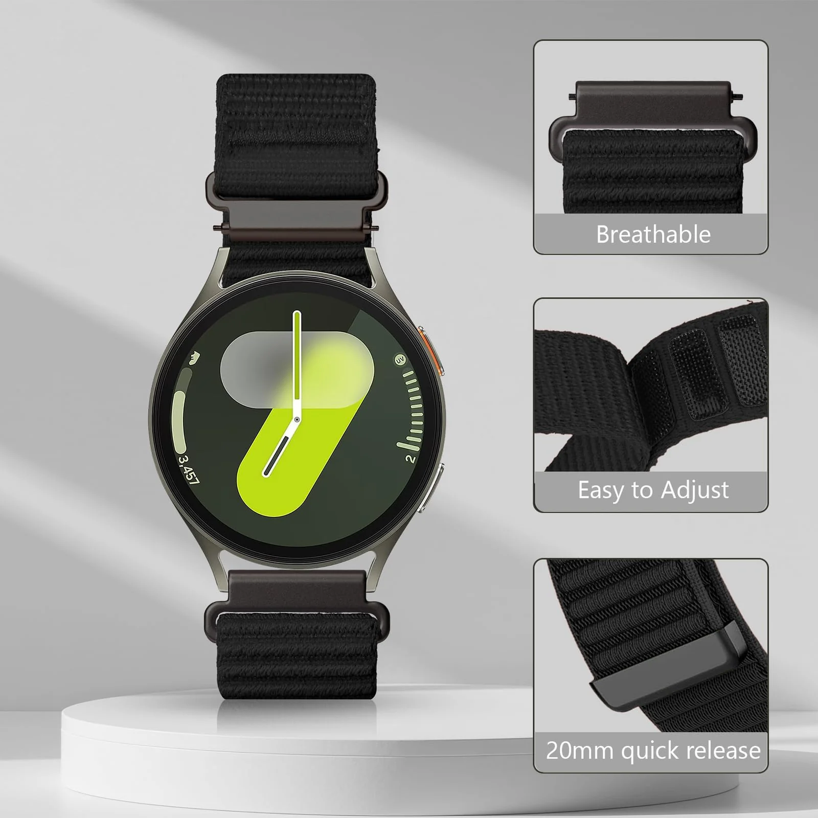 DL3 Mobilak Nylon Loop Sport Band For 20mm For Samsung Galaxy Watch 7/6/5/4 40mm 44mm/5 Pro 45mm/S2 classic/active 2 40mm 44mm/Amazfi GTS 2/2e/3/3 Pro/GTS4/GTS 2 Mini/4 Mini/Bip 3, Stretchy Strap Elastic Fabric - Black