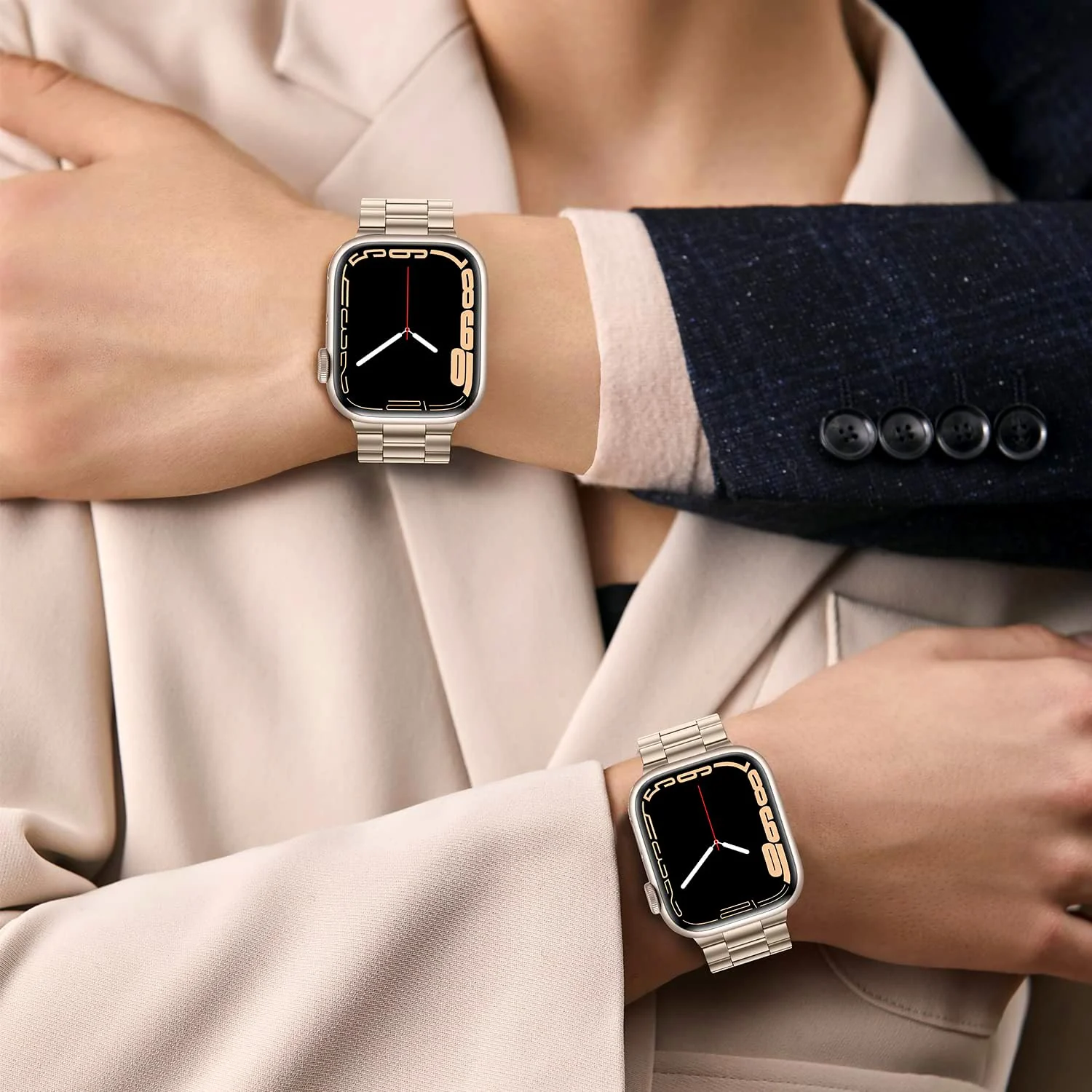 DL3 Mobilak Stainless Steel Band with Case Compatible with Apple Watch Band 45mm Series 9/8/7, Men Woman Business Strap with Protective Bumper Cover for iWatch Series 7/8/9 45mm - StarLight