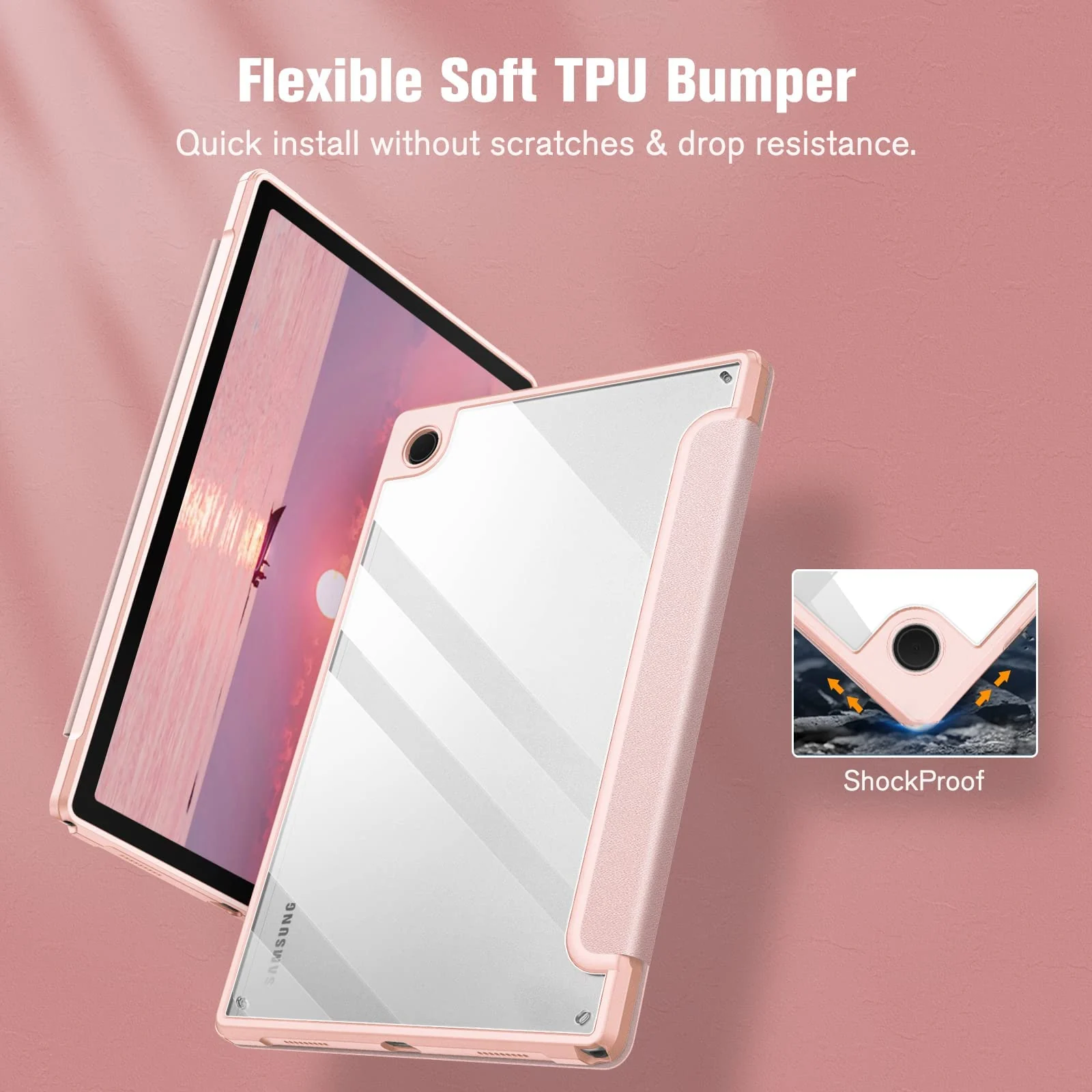 DL3 Mobilak Hybrid Slim Case for Samsung Galaxy Tab A8 10.5 inch 2021 Model (SM-X200/X205), Shockproof Cover with Clear Transparent Back Shell, Auto Wake/Sleep - Rose Gold