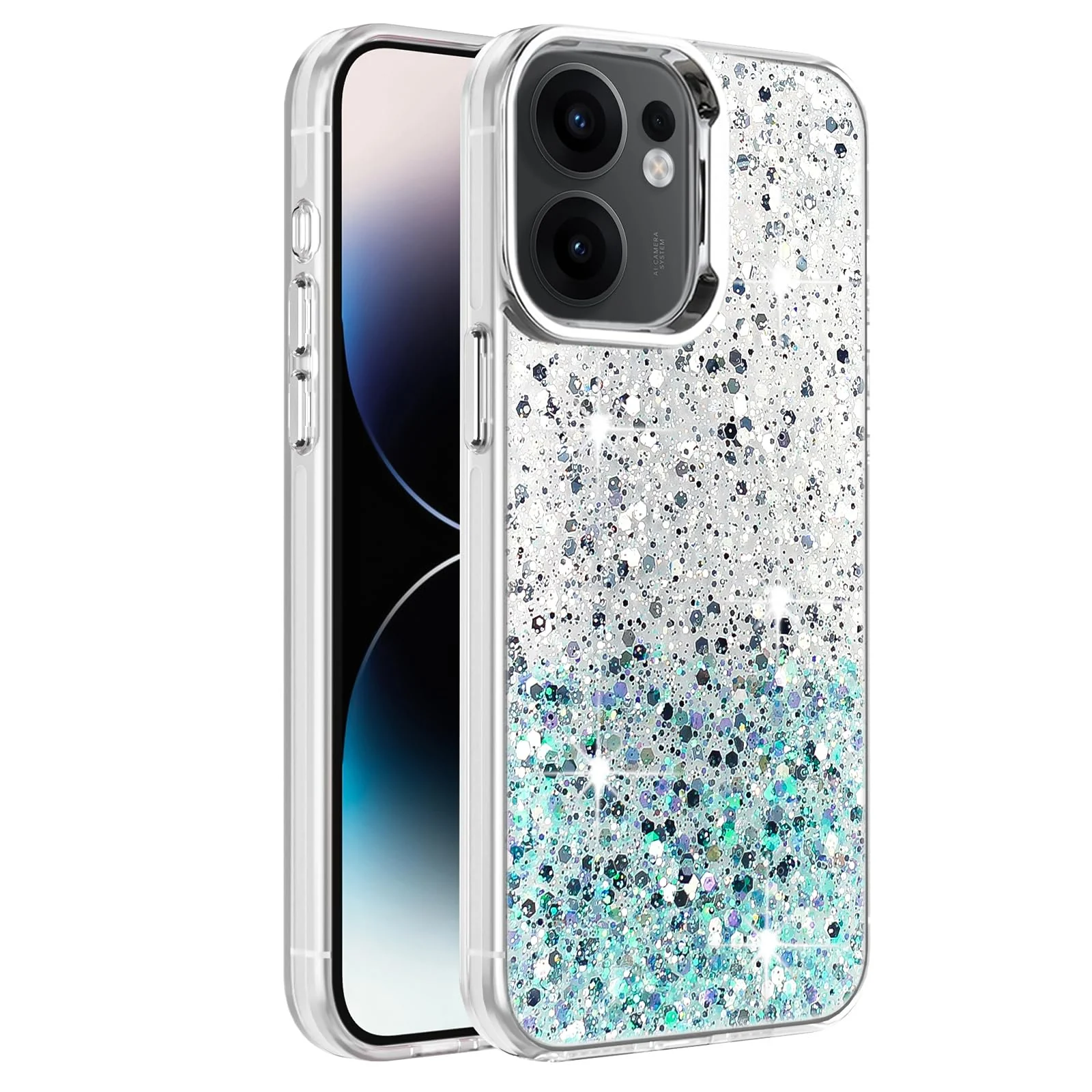 DL3 Mobilak Compatible with OPPO Reno 13F 4G/5G Case, Clear Glitter Bling Sparkly, Soft TPU Frame Bumper, Hard-Back Cover for Women & Girls, Transparent Protective Phone Case - White Green