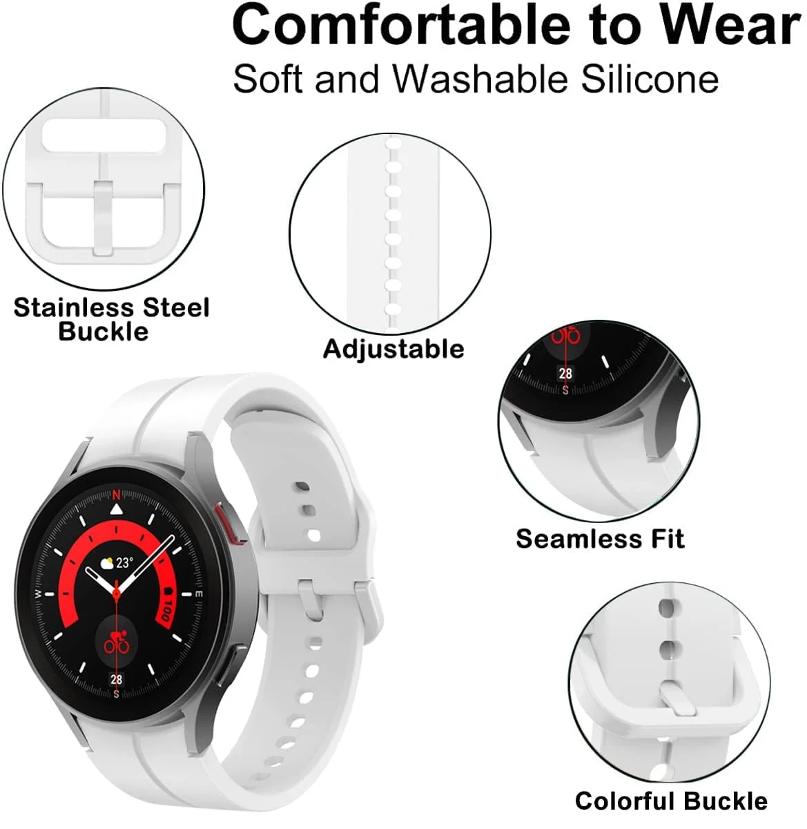 DL3 Mobilak Sport Watch Band Compatible with Samsung Galaxy Watch 7 FE 6 5 4 Band 40mm 44mm/ Galaxy Watch 6 Classic Bands 43mm 47mm/Watch 5 Pro Band 45mm/ Galaxy Watch4 Classic Band 42mm 46mm, No Gap - White