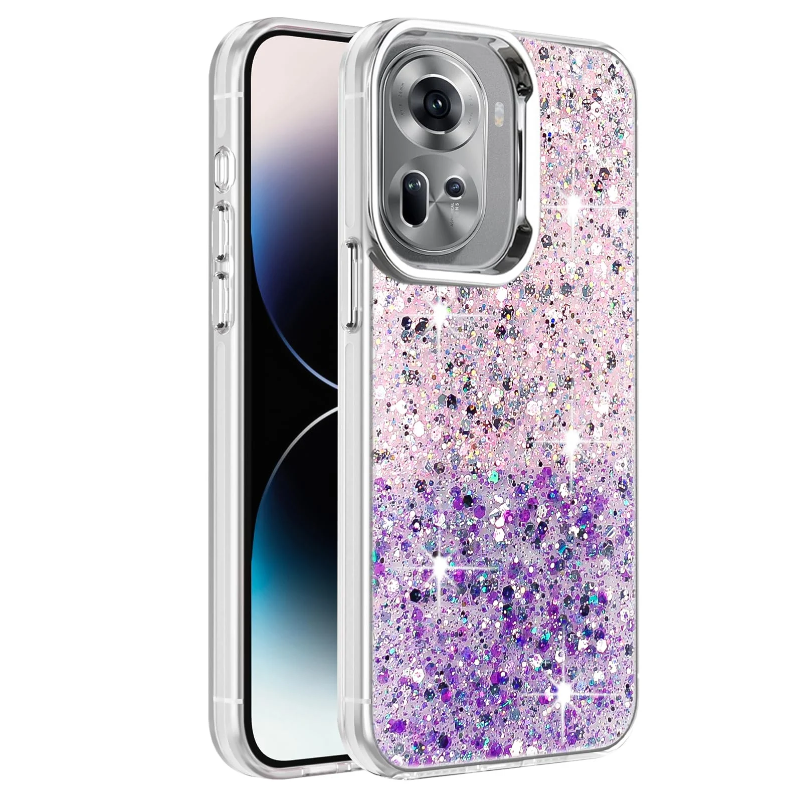 DL3 Mobilak Glitter Protective Case for OPPO Reno11 5G / Reno 11 Pro 5G, Supports wireless charging, Camera protection, Shock-absorbing protection - Pink Purple