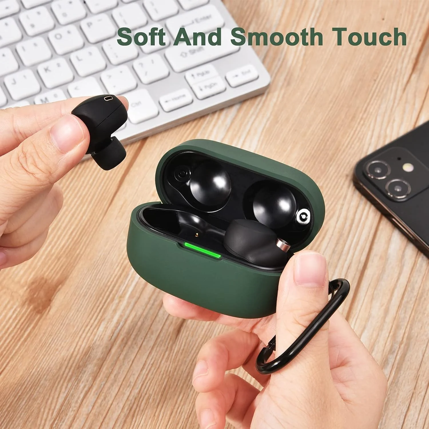 DL3 Mobilak Silicone Case Compatible with Sony WF-1000XM4 Earbuds, Soft Silicone Protective Case Cover, Shockproof Sleeve with Carabiner - Green