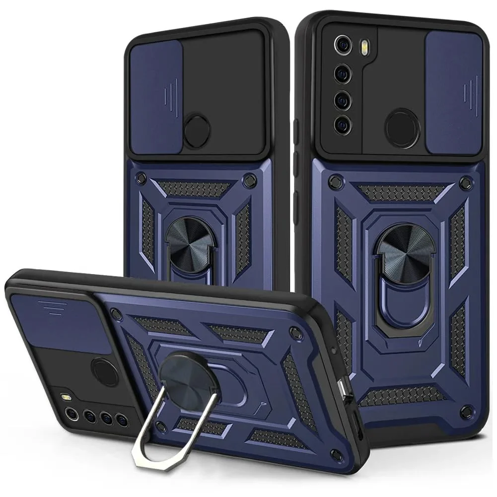 DL3 Mobilak Military-Grade Protective Case with Sliding Camera Cover, Metal Ring Kickstand and Magnetic Car-Mount Support for Xiaomi Redmi Note 8 (2019 / 2021) - Blue
