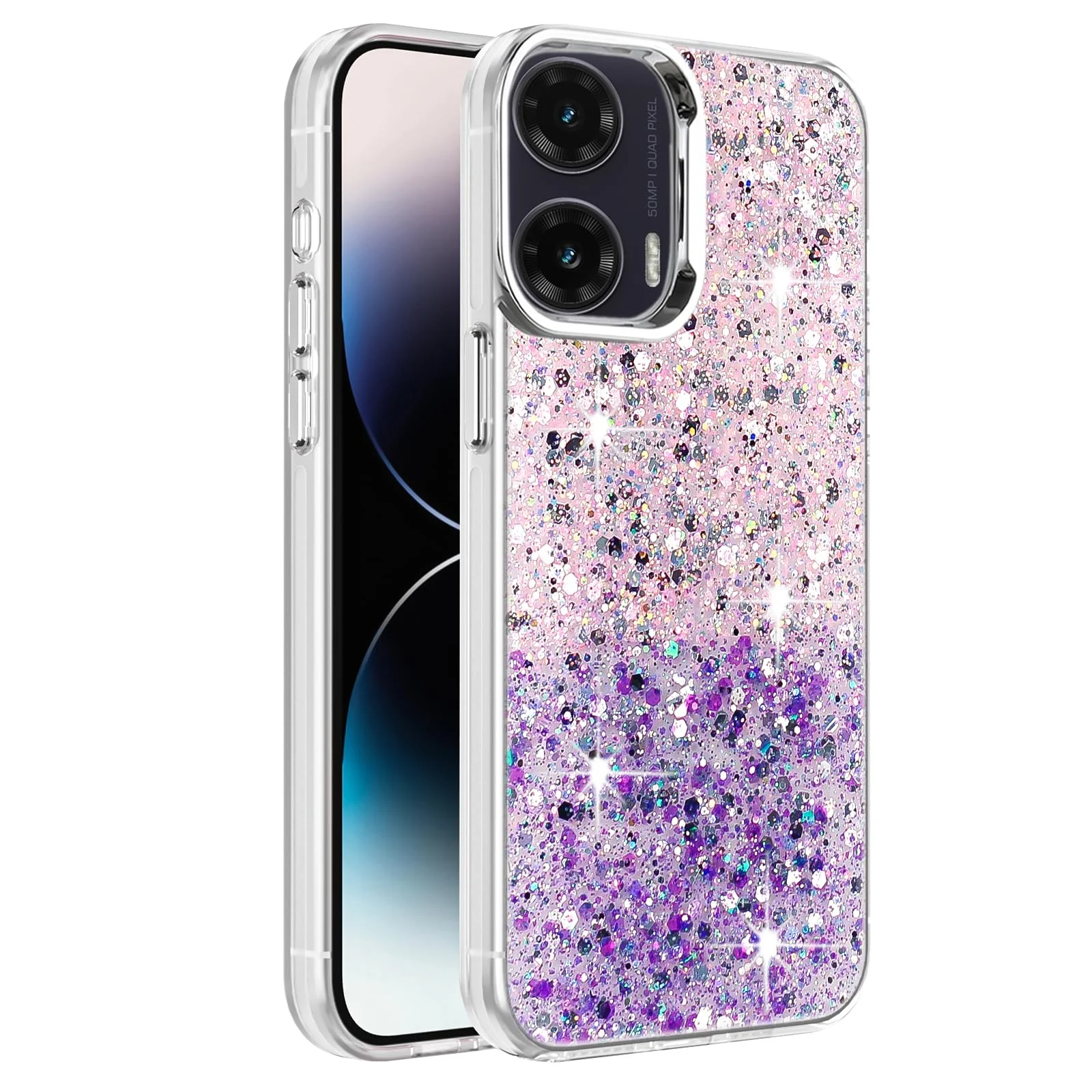 DL3 Mobilak Glitter Protective Case for Motorola Moto G85 5G / Motorola Edge 50 Fusion, Supports wireless charging, Camera protection, Shock-absorbing protection - Pink Purple