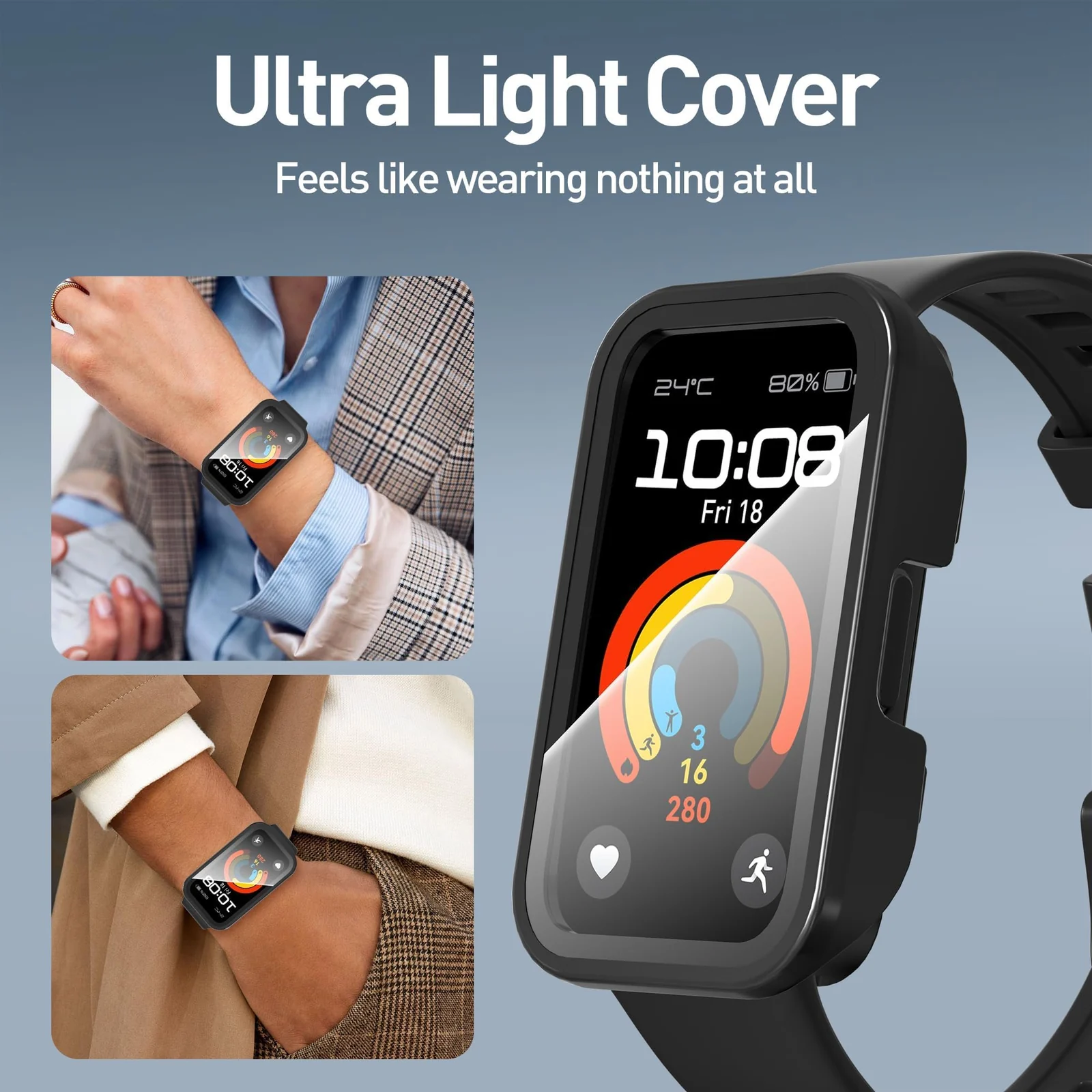 DL3 Mobilak Case with Screen Protector for Huawei Band 10, Bumper Full Coverage Hard PC Overall Protective Cover, Built-in Tempered Glass Film High Sensitivity For Huawei Band 10 - Black