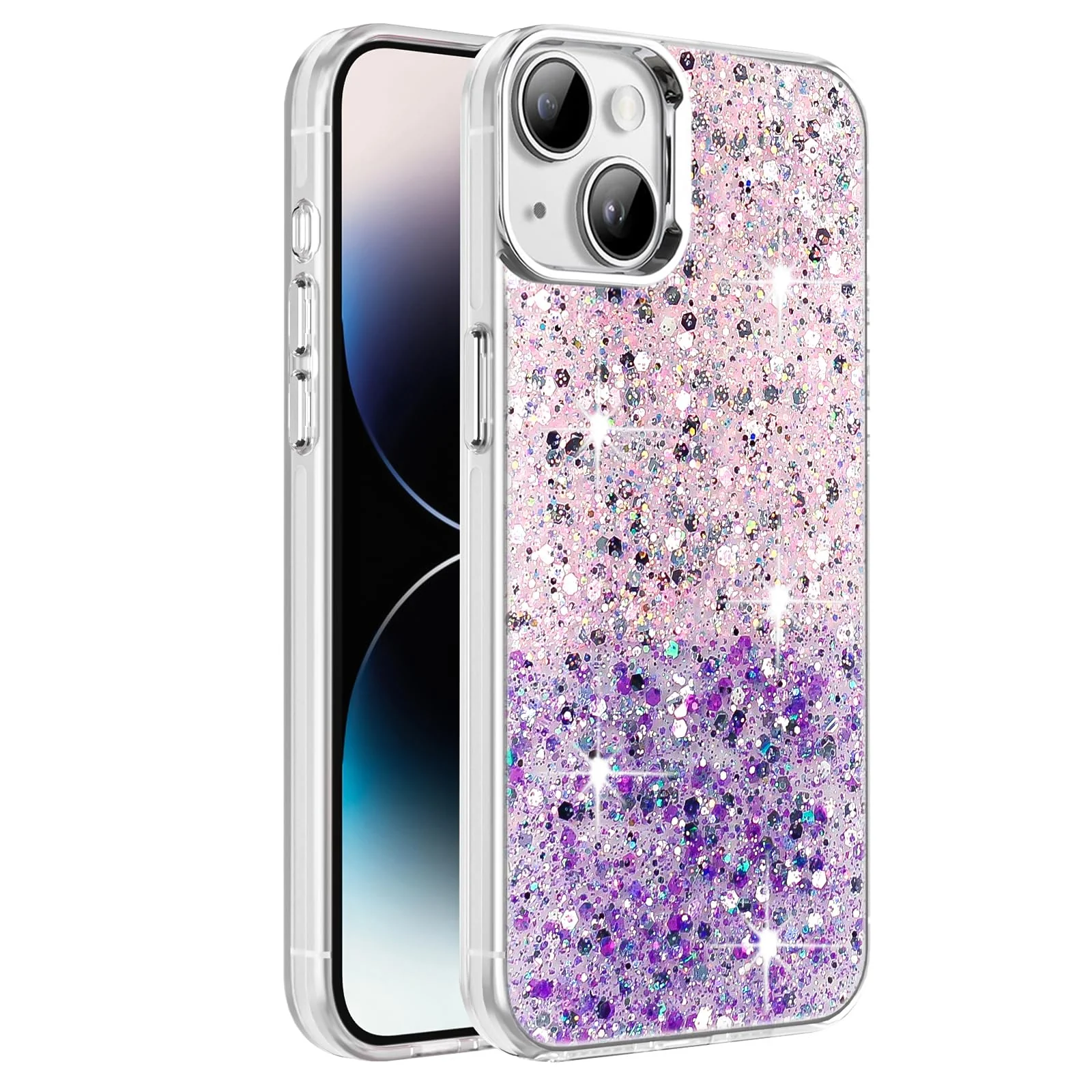 DL3 Mobilak Glitter Rhinestone Protective Case for iPhone 15+ Plus / iPhone 14 Plus 6.7-Inch with Shockproof Design - Pink Purple
