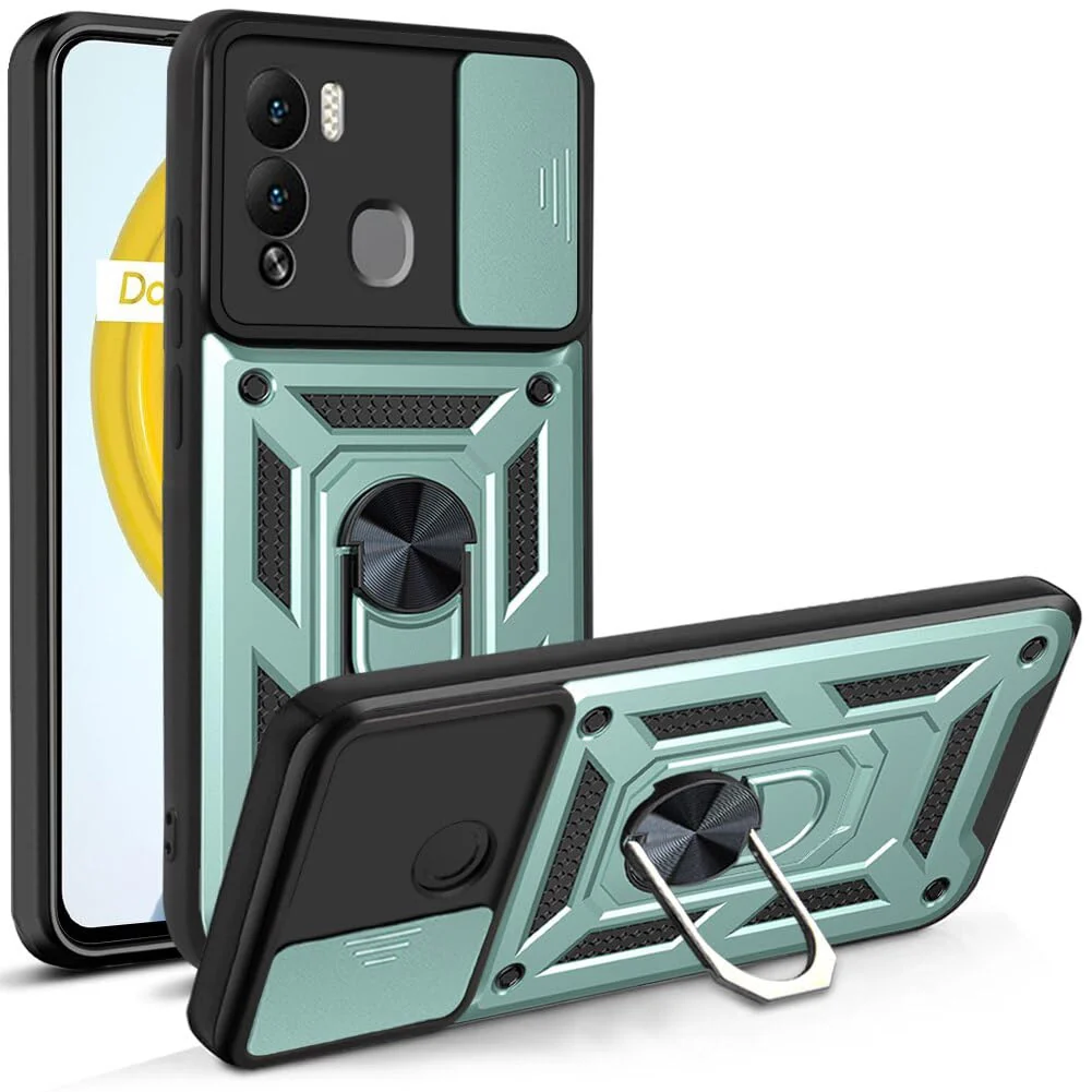 DL3 Mobilak Military-Grade Protective Case with Sliding Camera Cover, Metal Ring Kickstand and Magnetic Car-Mount Support for Infinix Hot 12i X665 - Green
