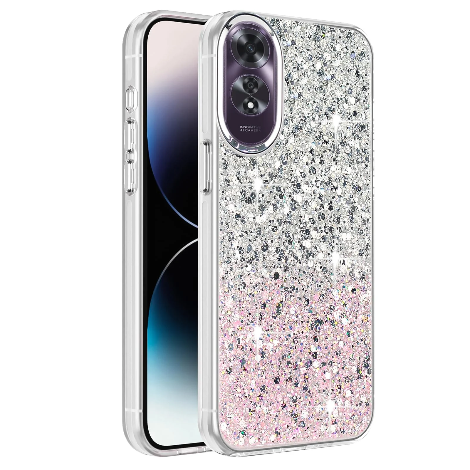 DL3 Mobilak Glitter Protective Case for OPPO A60 4G, Supports wireless charging, Camera protection, Shock-absorbing protection - White Pink