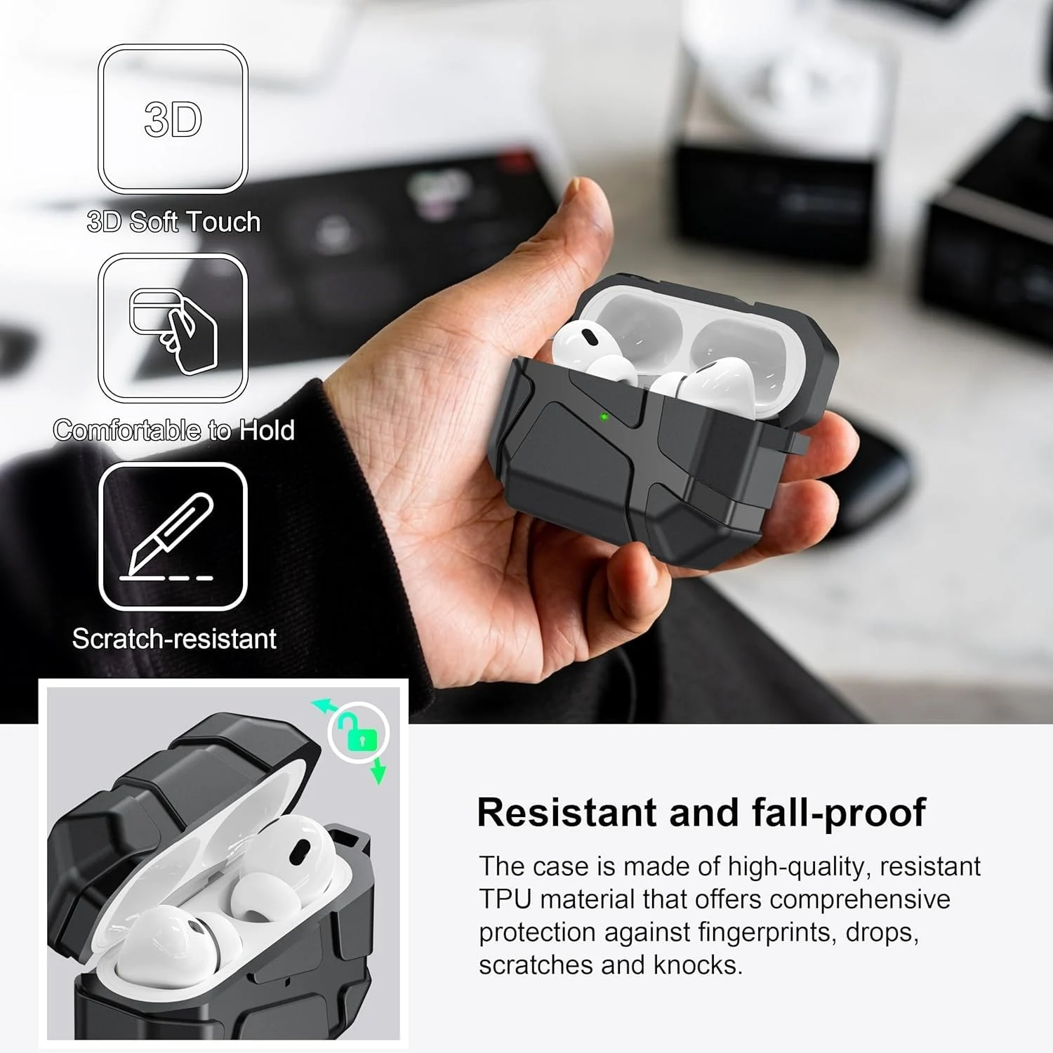 DL3 Mobilak AirPods Pro 1/2 Case, Shockproof Silicone Protective Case for Apple AirPod Pro 2nd/1st Generation, Hard Shell Design, Anti-Scratch, Front LED Light with Carabiner - Black