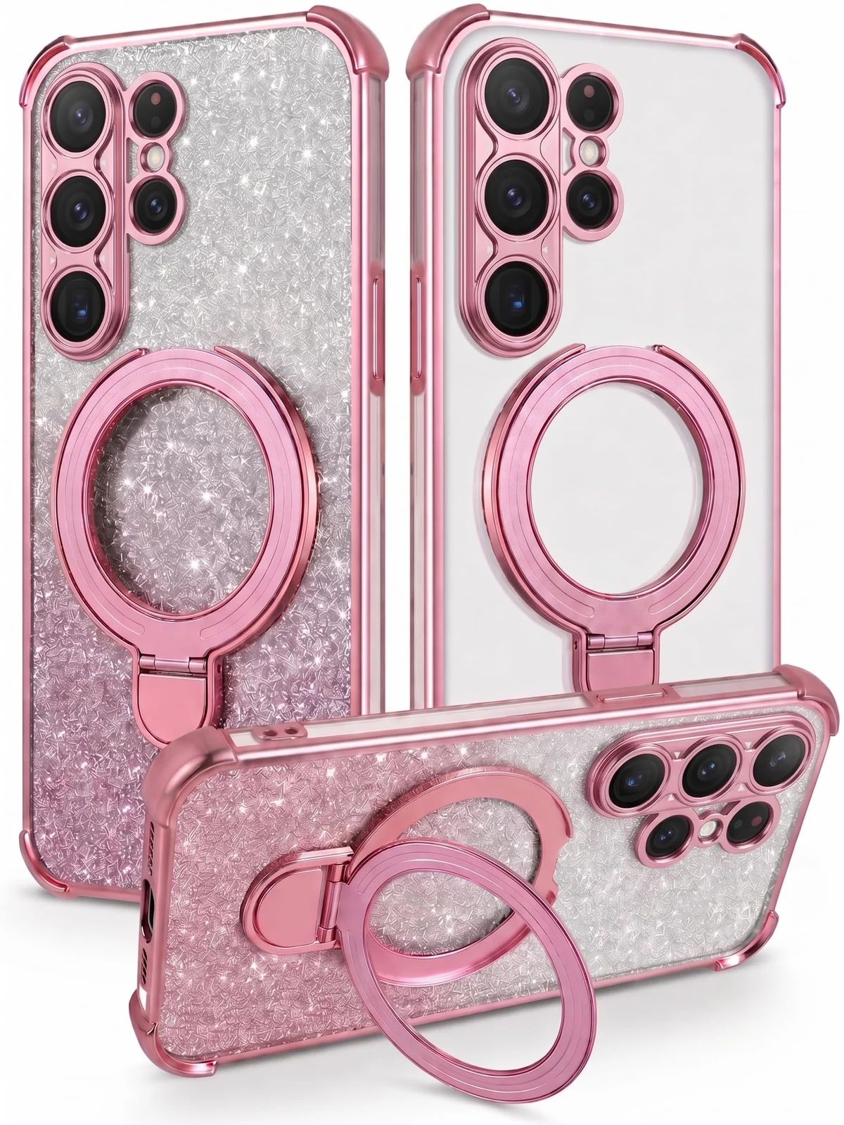 MOBIGON Glitter Phone Case with Magnetic Ring Stand for Samsung Galaxy S24 Ultra, Pink
