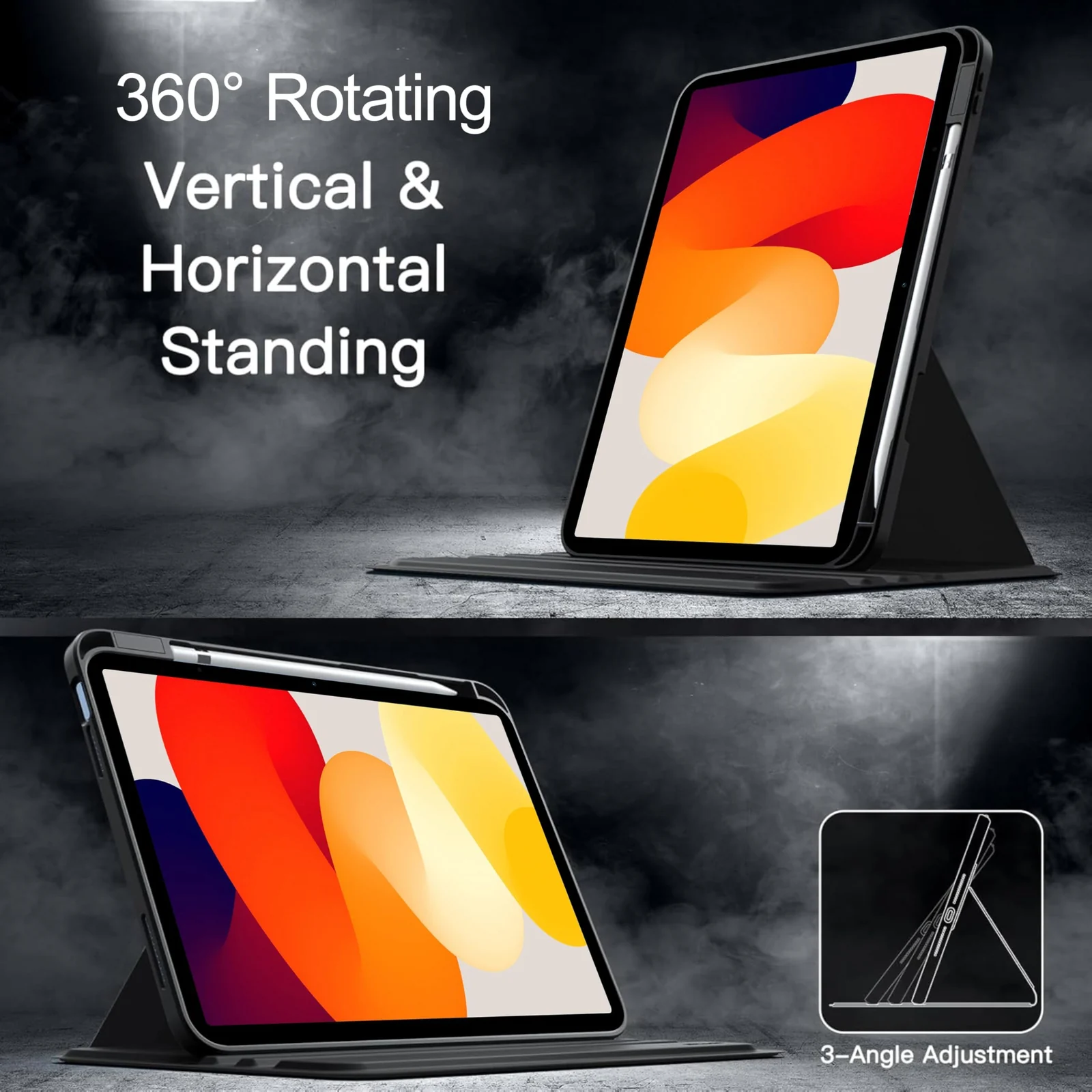 DL3 Mobilak Case for Xiaomi Redmi Pad SE 11 inch Tablet 2023, 360° Rotation Multi-angle Stand Slim Cover PU leather + Transparent Acrylic case with Pen Holder Auto Wake/Sleep - Black