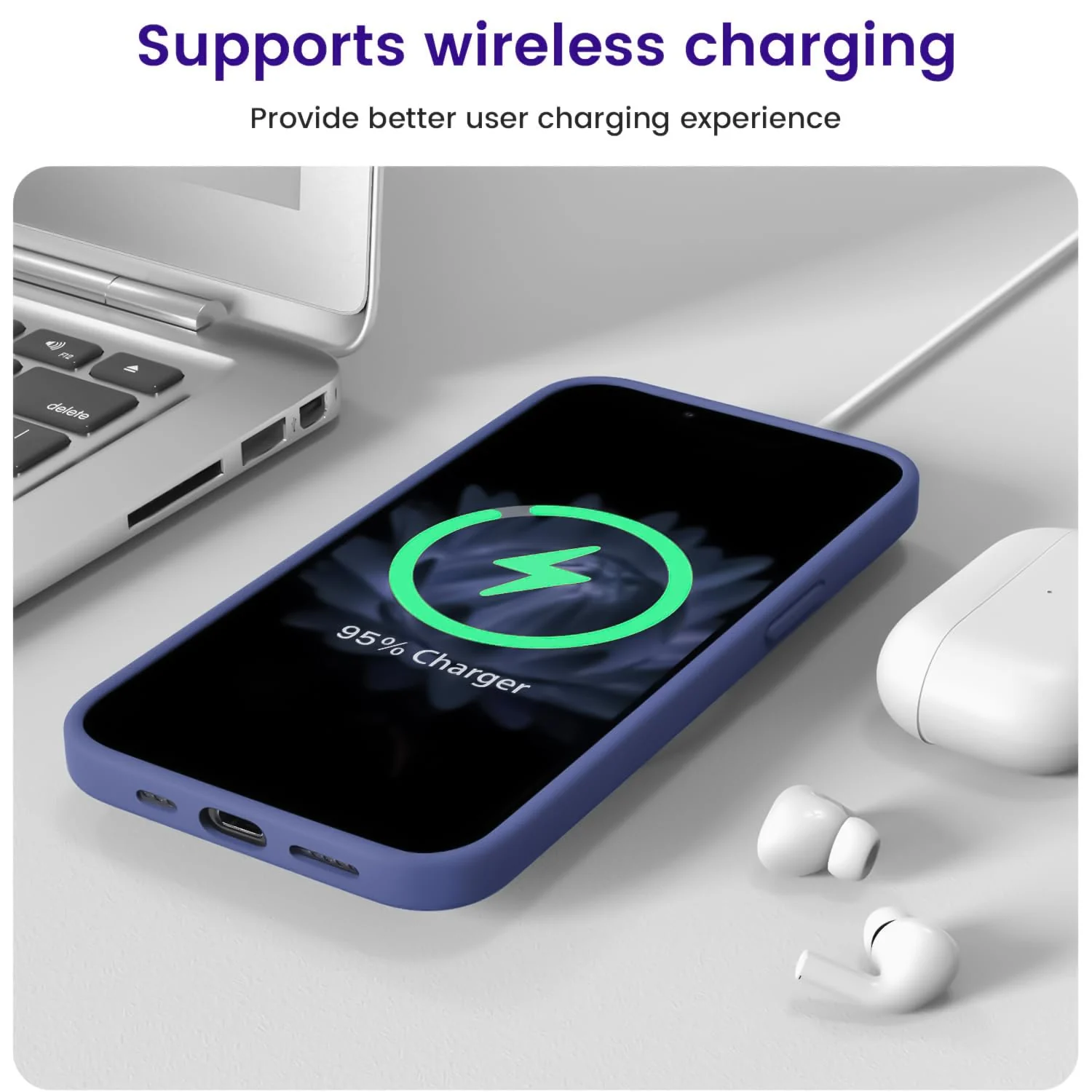 DL3 Mobilak Liquid Silicone Case for iPhone 15, Supports wireless charging, Shock-absorbing protection, Anti-fingerprint finish - Lavender Blue