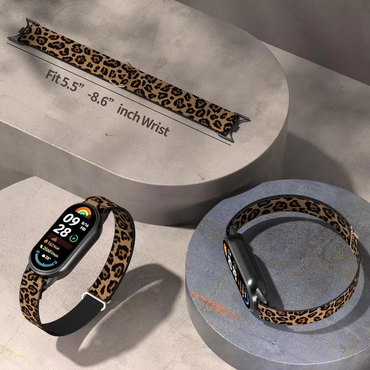 DL3 Mobilak Strap for Xiaomi Mi Band 10 / Xiaomi Mi Band 9 / Xiaomi Mi Band 8, Elastic Nylon Straps, Adjustable Breathable Replacement Bracelet for Xiaomi Smart Band 8/9/10 for Women Men - Leopard Print