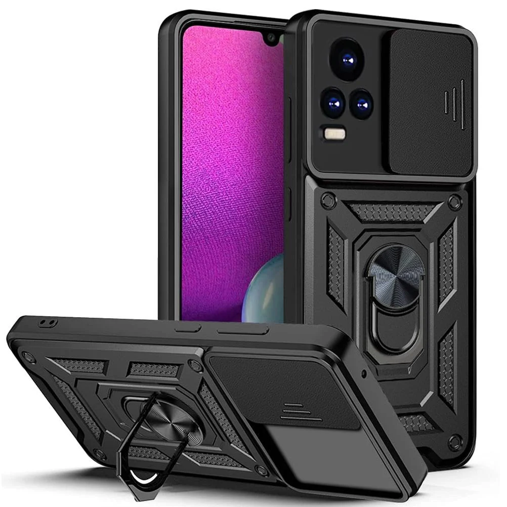 DL3 Mobilak Military-Grade Protective Case with Sliding Camera Cover, Metal Ring Kickstand and Magnetic Car-Mount Support for vivo V21E 4G / vivo Y73 2021 - Black