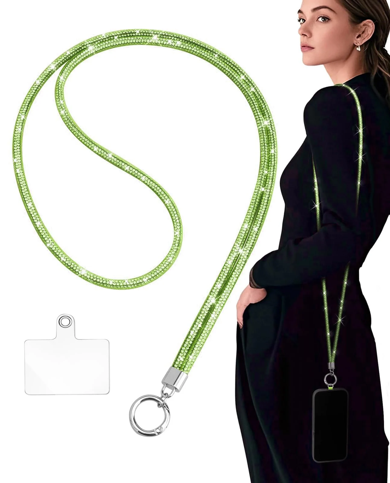 DL3 Mobilak Universal Phone Lanyard Crossbody, Rhinestone Cell Phone Chain Anti-Theft with 1× Shiny Phone Strap, 1× Pad for Most Smartphones, Diamond Phone Neck Holder for Women - Neon Green