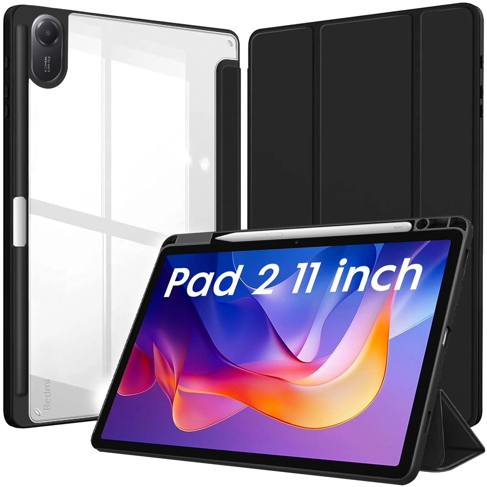 DL3 Mobilak Case for Xiaomi Redmi Pad 2 2025 11 inch with Built-in Pencil Holder, Clear Transparent PC Back, Shockproof Tri-Fold Stand Tablet Cover, Auto Wake/Sleep