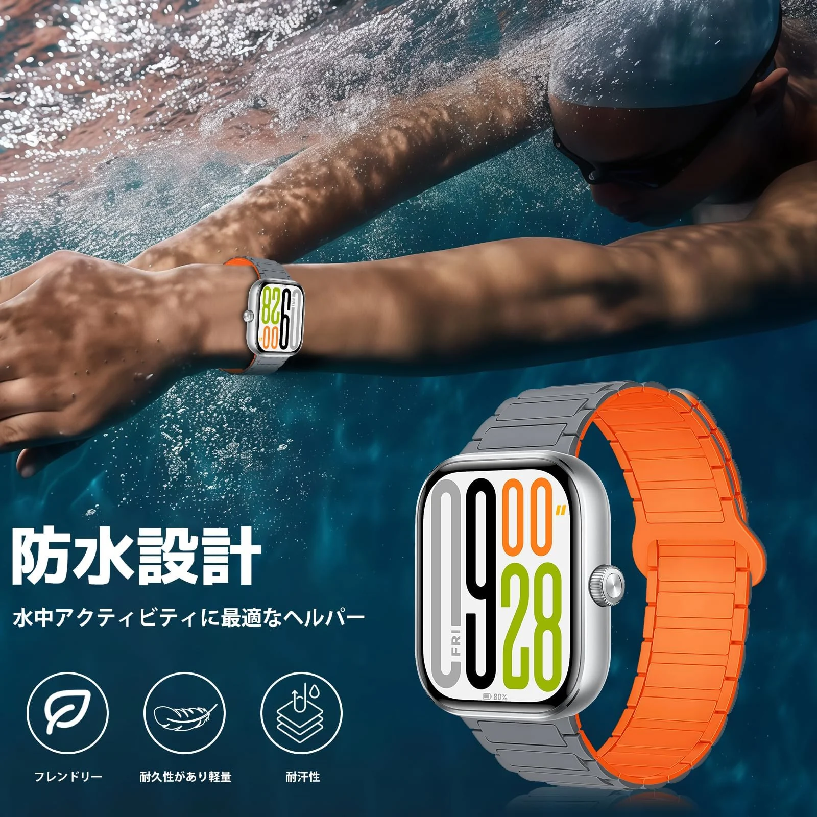 DL3 Mobilak Magnetic Strap for Redmi Watch 4/5/6/Xiaomi Smart Band 8 Pro/Band 9 Pro Replacement Straps Strong Silicone, Easy to Wear, Waterproof, Sporty, Daily Wear Watchbands for Men and Women - Gray | Orange