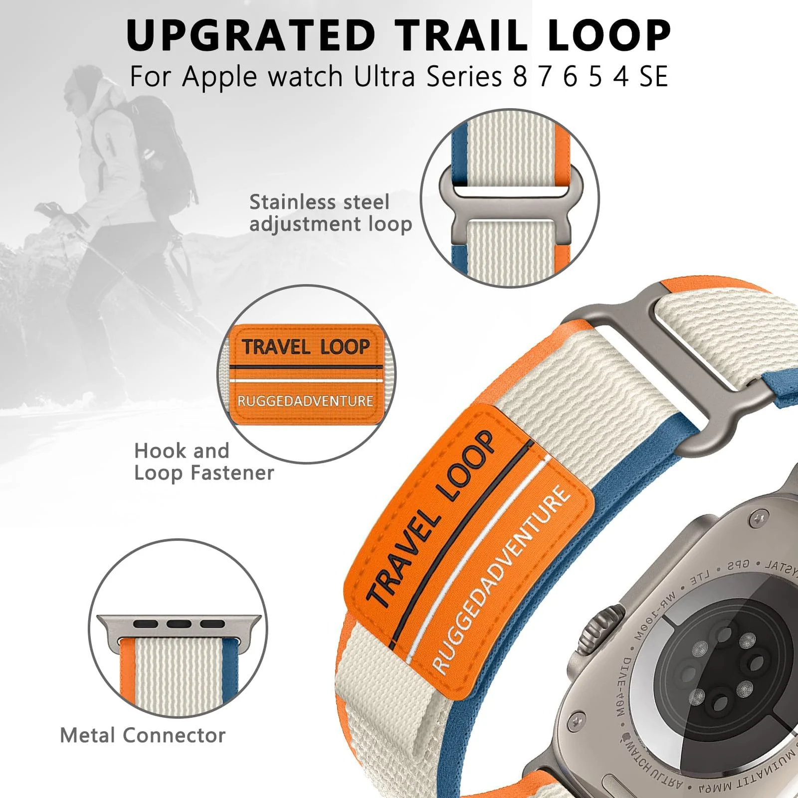 DL3 Mobilak Trail Loop Strap for Apple Watch Ultra Band 49mm 45mm 44mm 42mm iWatch Ultra Band Men Women, Rugged Sport Strap Soft Nylon Wristband for iWatch Ultra 2 Bands Series 9 8 7 6 5 4 3 2 1 SE - A.Orange Beige