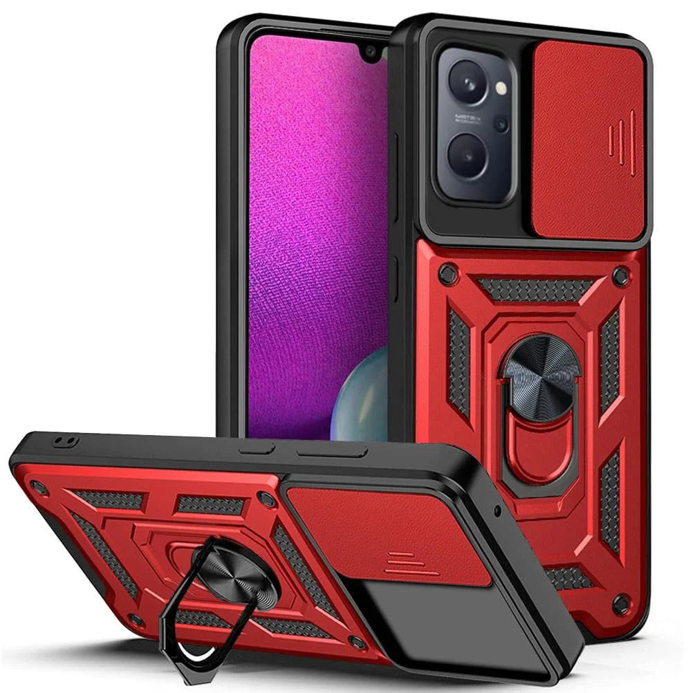 DL3 Mobilak Protective Case with Sliding Camera Cover, Metal Ring Kickstand and Magnetic Car-Mount Support for realme 9i / OPPO A96 4G / OPPO A76 / OPPO A36 - Red