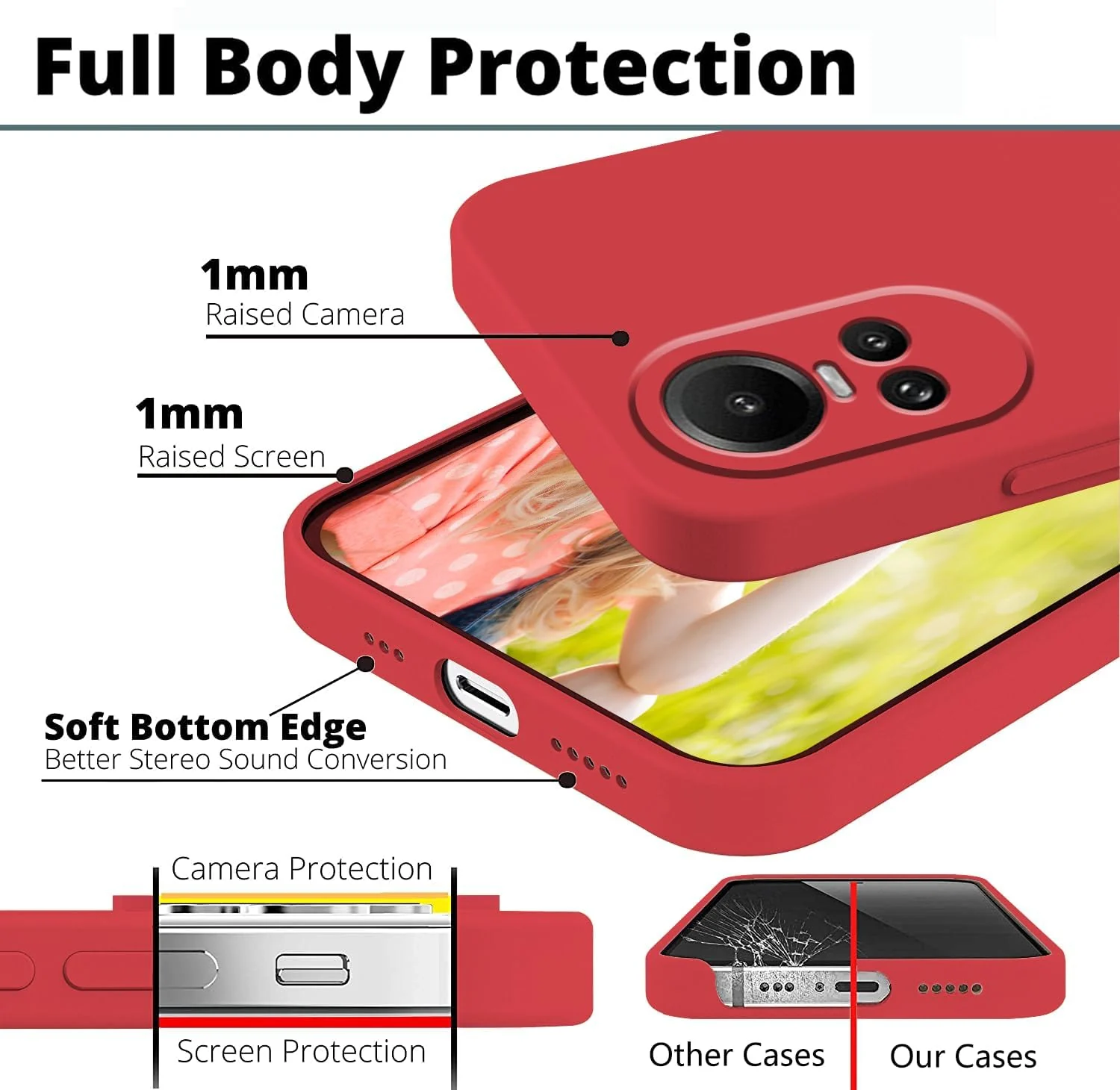 DL3 Mobilak OPPO Reno 10 5G / OPPO Reno 10 Pro 5G Case, Soft Flexible Liquid Silicone Gel Rubber Bumper Cover, Full Body Shockproof Protective Phone Case - Red
