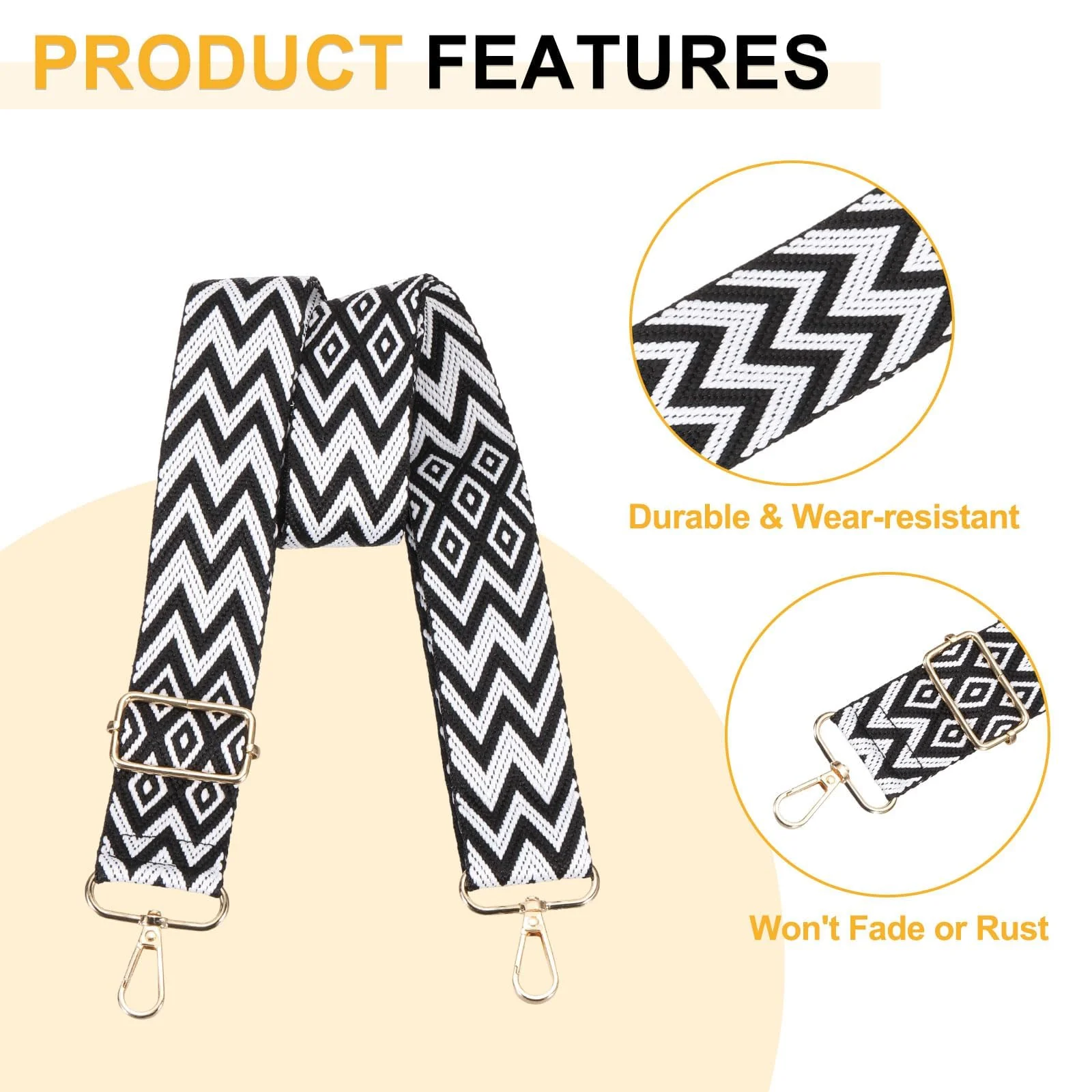 DL3 Mobilak Adjustable Wide Crossbody Bag Strap for Women, Replacement Shoulder Strap for Handbags, Totes & Purses with Elegant Embroidered Pattern and Metal Hooks - White Black