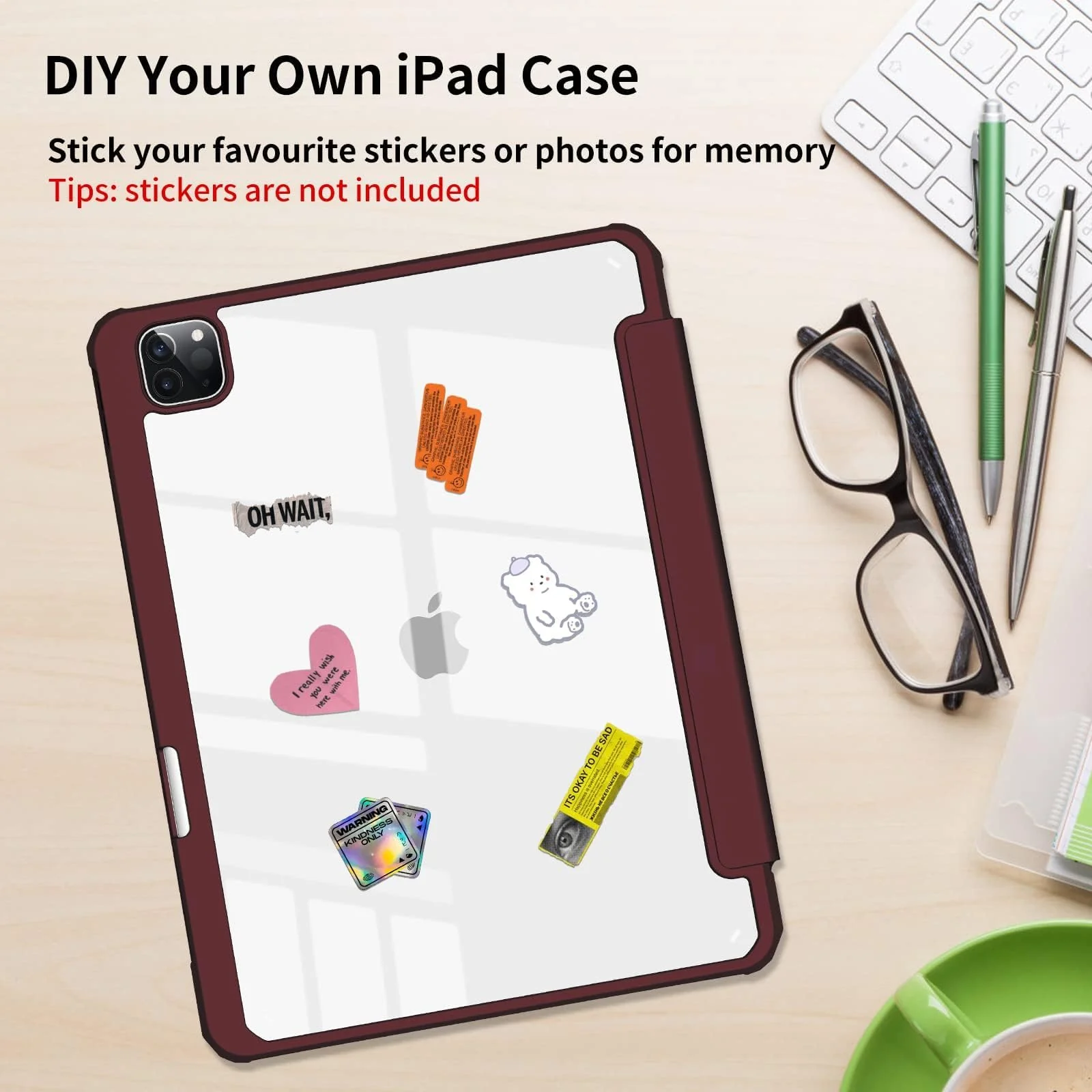 DL3 Mobilak for iPad Pro 11 Inch Case 4th /3rd /2nd Generation(2022/2021/ 2020), Clear Shockproof Back Cover Built-in Pencil Holder, Auto Sleep/Wake - Wine Red
