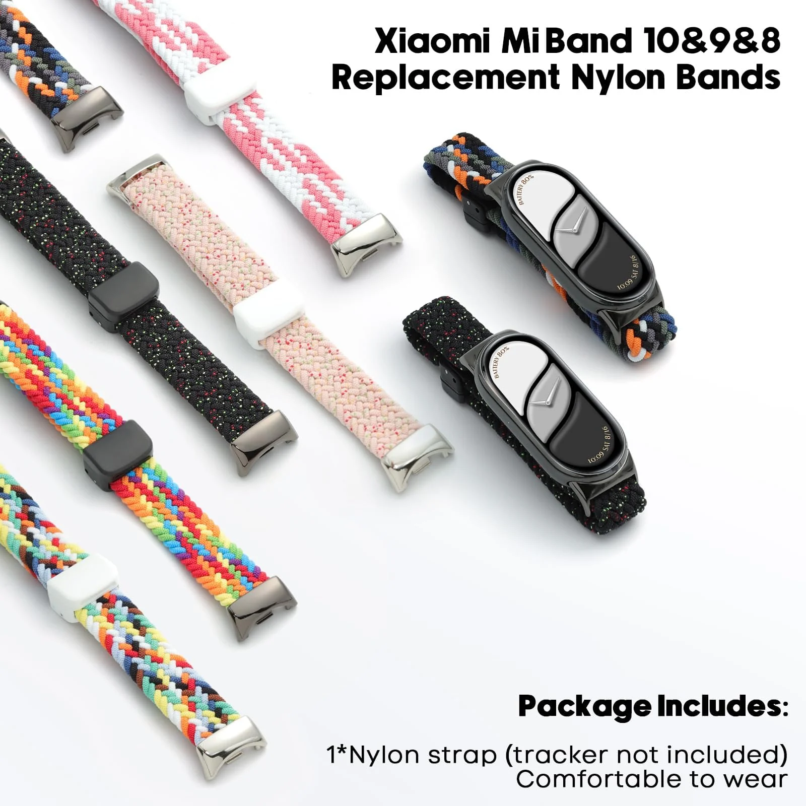 DL3 Mobilak Braided Strap for Xiaomi Mi Band 10/9/8, Men Women Breathable Elastic Nylon with Magnetic Buckle Watch Band for Xiaomi Smart Band 10/Xiaomi Smart Band 9/8 - Star Black
