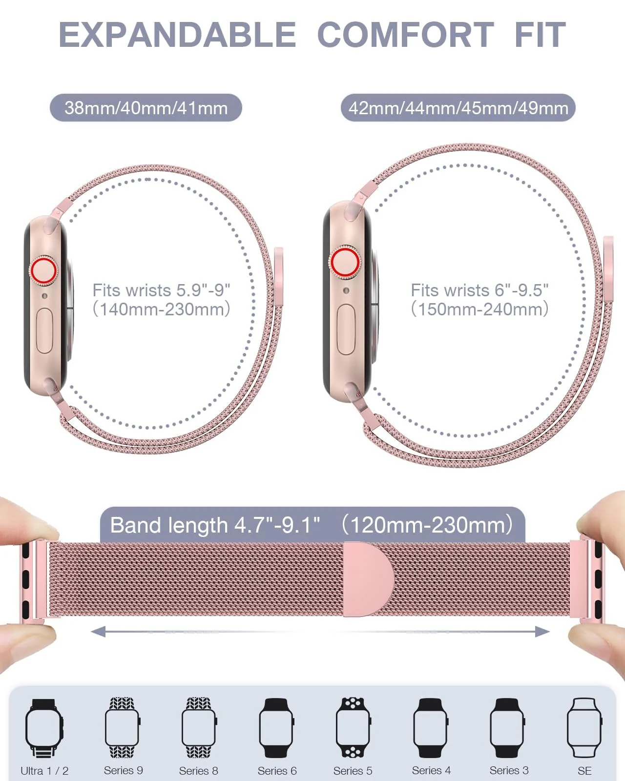 DL3 MOBILAK Milanese Loop Compatible With Apple Watch Ultra 3 2 1 49mm 46mm 45mm 44mm 42mm, Stainless Steel Mesh Band Magnetic Clasp, Adjustable Metal Strap for iWatch Series 11/10/9/8/7/6/5/4/SE - Pink