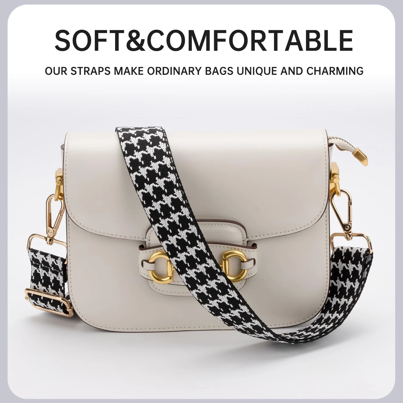 DL3 Mobilak Adjustable Wide Crossbody Bag Strap for Women, Replacement Shoulder Strap for Handbags, Totes & Purses with Elegant Embroidered Pattern and Metal Hooks - Black Houndstooth