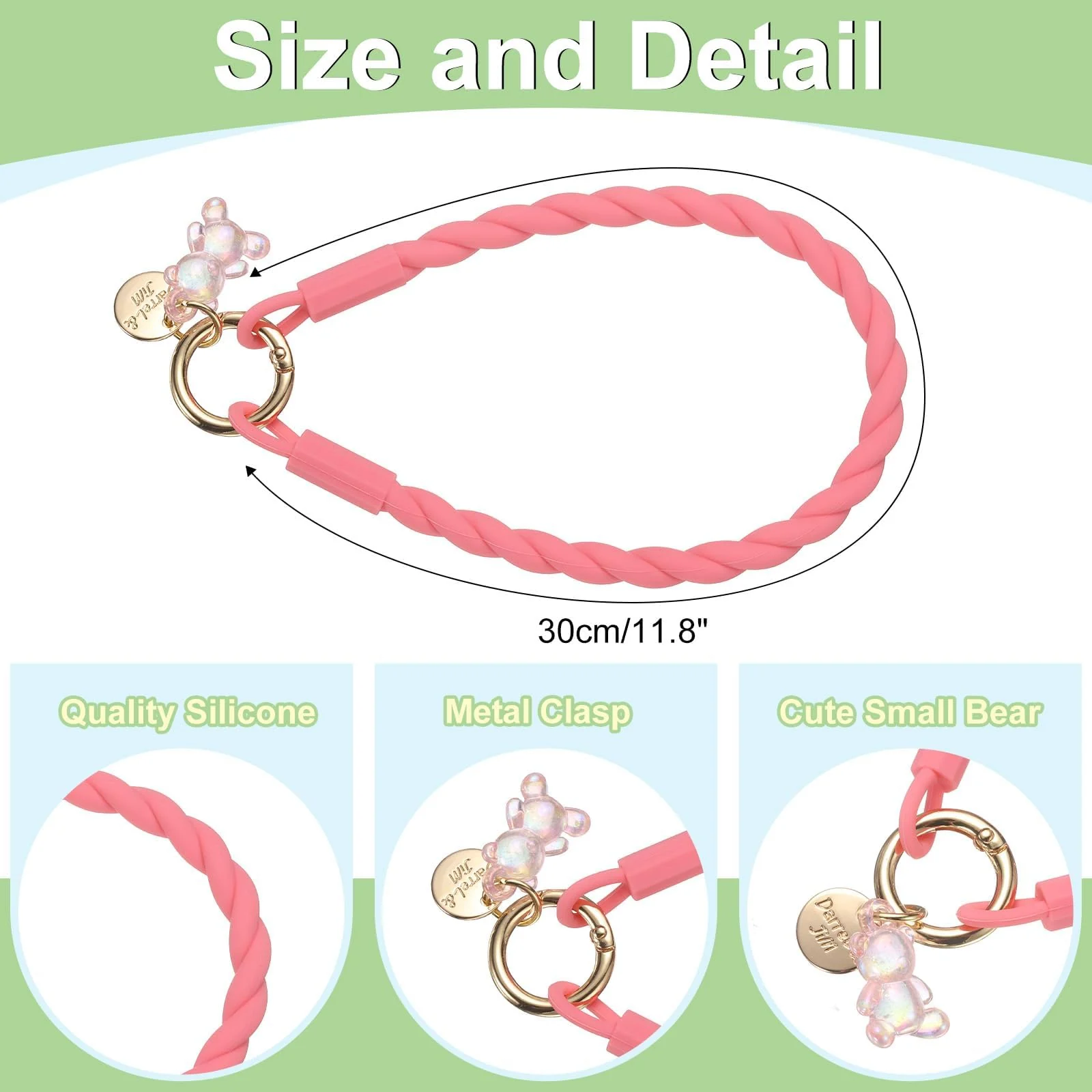 DL3 Mobilak Silicone Crystal Lanyard, 30cm Phone Wrist Strap Lanyard Keychain Office Wrist Strap with Clasp and Bear for Women Phone ID Card, Keys Strap - Neon Pink