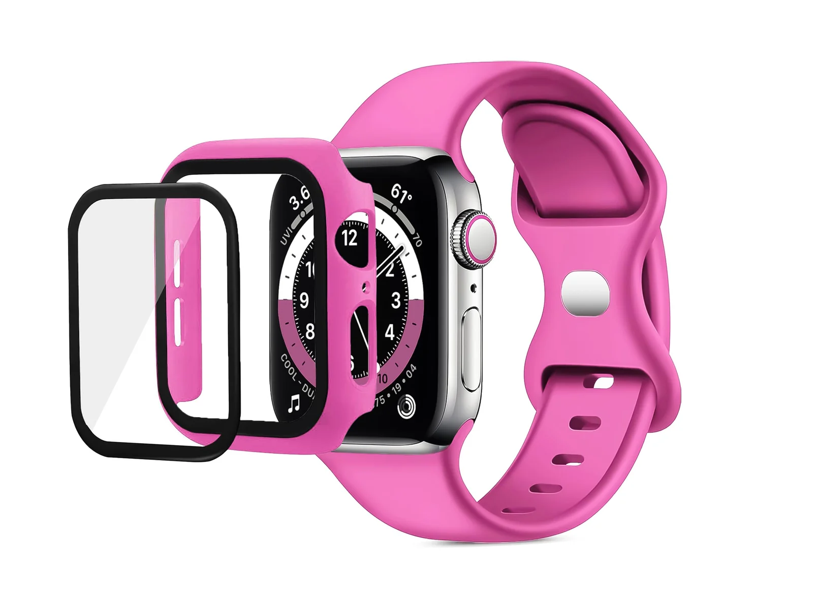 DL3 Mobilak Band with Case Compatible with Apple Watch 44mm, Silicone Sport Wristband Replacement, Strap With Cover Built-in Glass Screen Protector for iWatch Series 6 5 4 SE SE 2 - Neon Pink