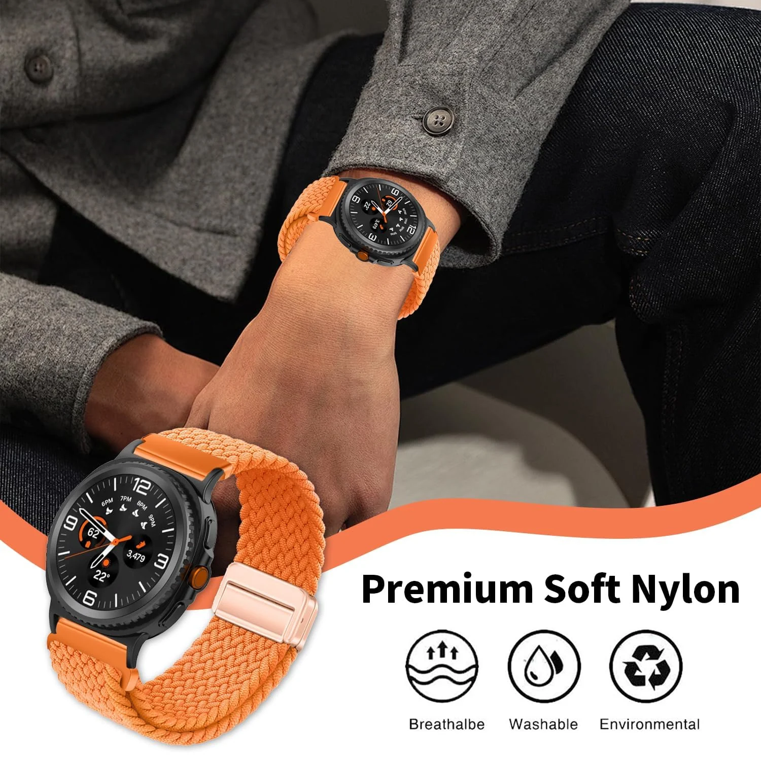 DL3 Mobilak 22mm Magnetic Band for Redmi Watch 5 Active/5 Lite/Samsung Galaxy Watch 3 45mm/Watch 46mm/Gear S3/Huawei watch GT6 GT5 46MM/GT2E/GT6 Pro/GT 5 Pro/Amazfit GTR 4/3, Stretchy Braided Nylon Sport Strap - Orange