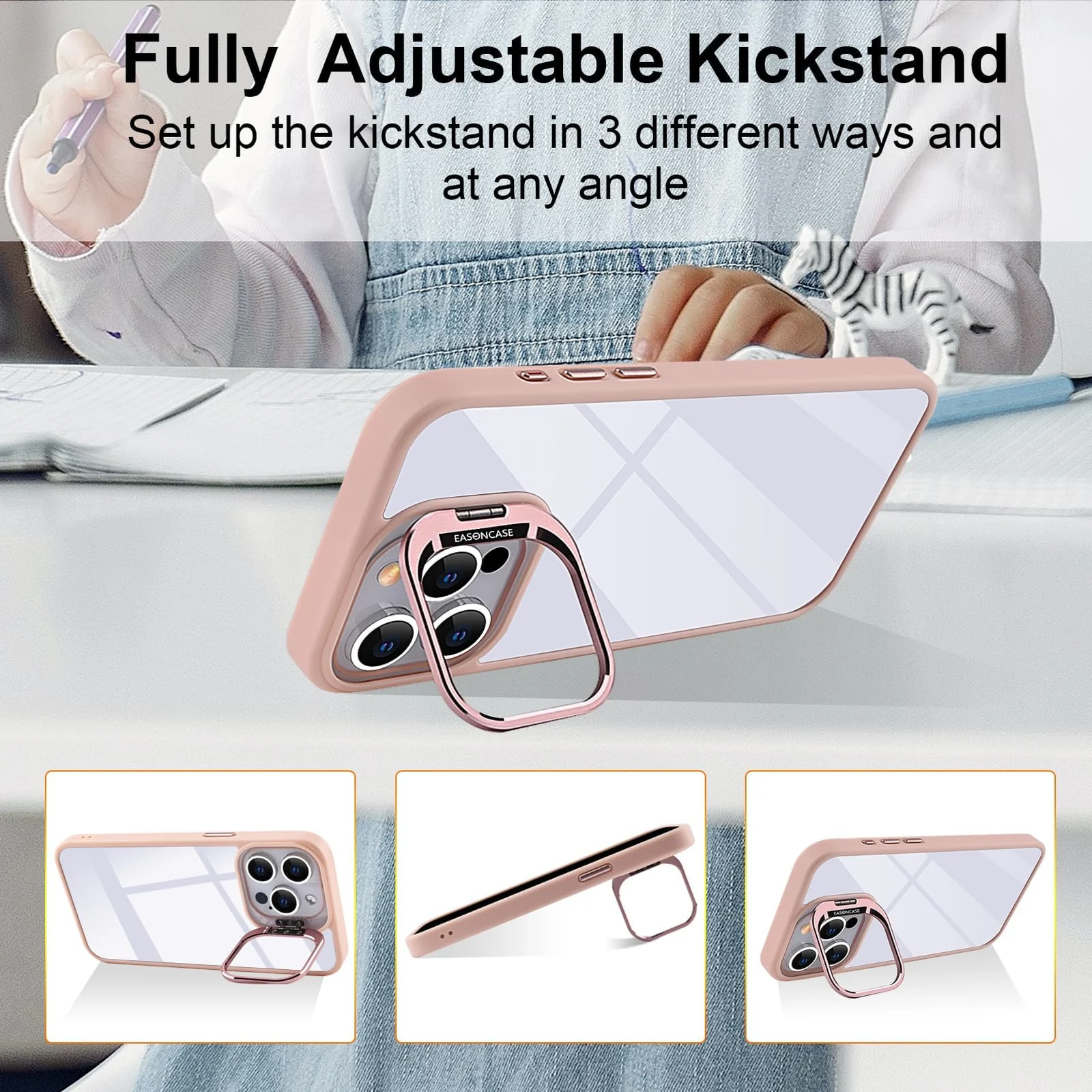 DL3 Mobilak Clear PC and TPU Case with Camera Ring Kickstand and Lens Protector for iPhone 13 Pro - Pink